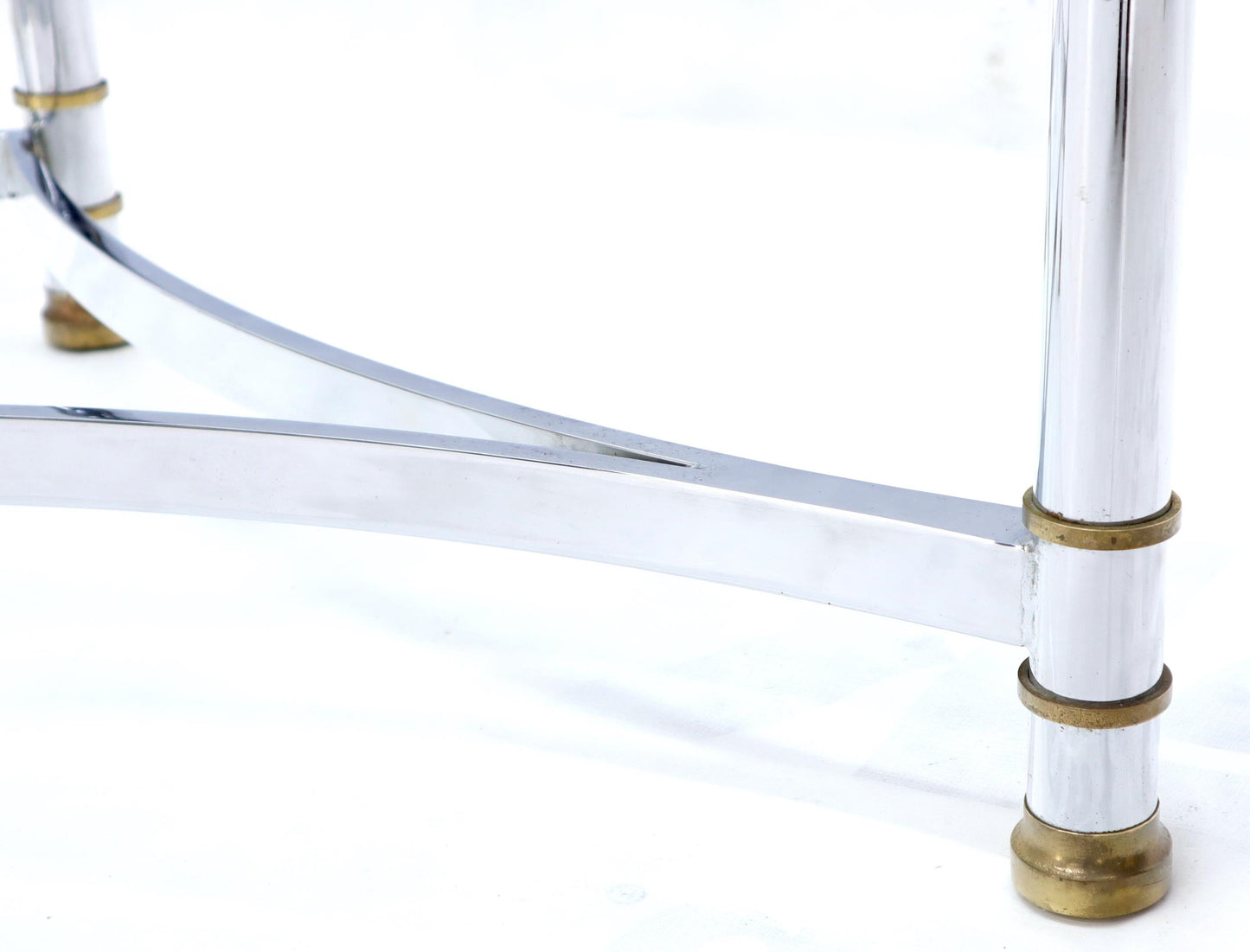 EstablishedLines Oval Mid-Century Modern Glass Top Coffee Table on Chrome Frame, Brass Accents