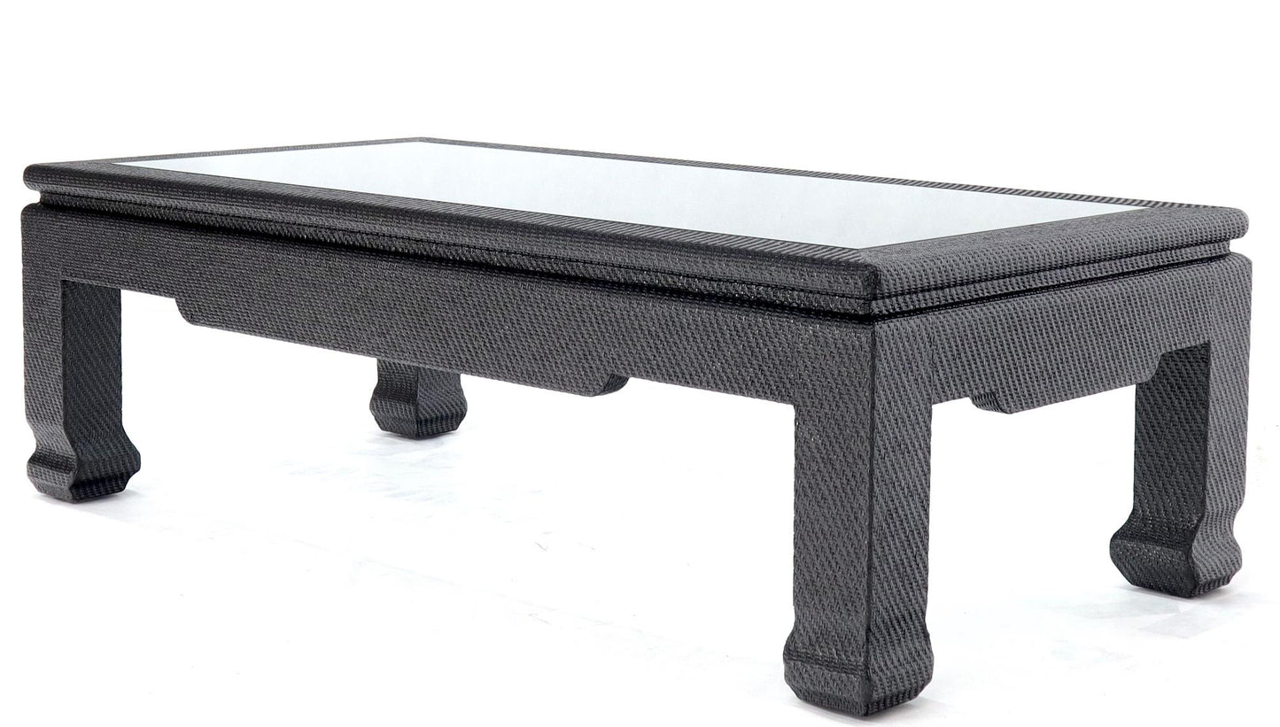 EstablishedLines Raffia Cloth Covered Rectangular Glass Top Coffee Table Black