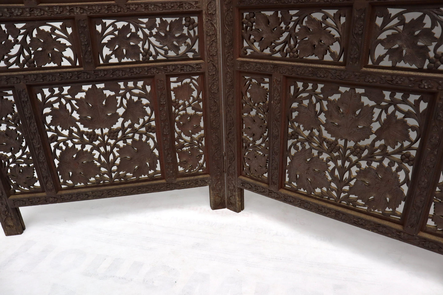 EstablishedLines Four-Panel Finely Carved Teak Room Divider Screen