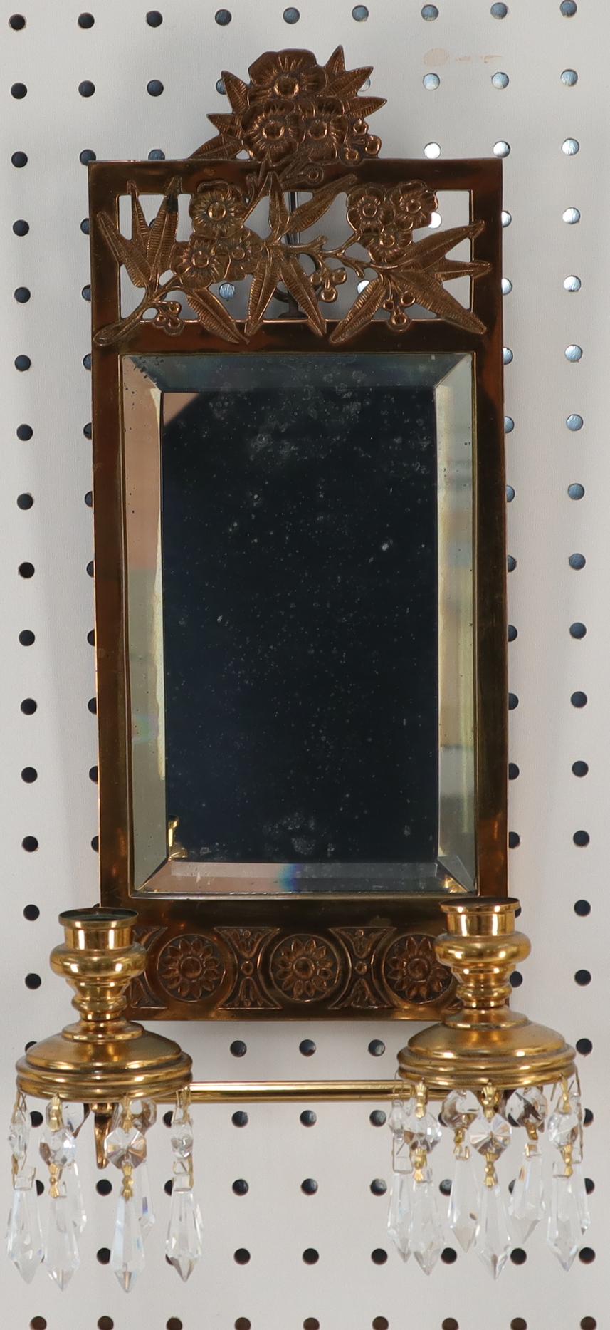 EstablishedLines Antique Brass 2 Candle Mirror Wall Sconce 16 Crystal Prisms, 1875