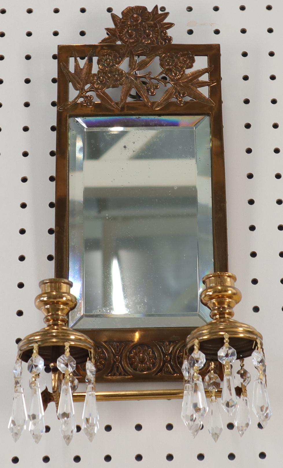 EstablishedLines Antique Brass 2 Candle Mirror Wall Sconce 16 Crystal Prisms, 1875