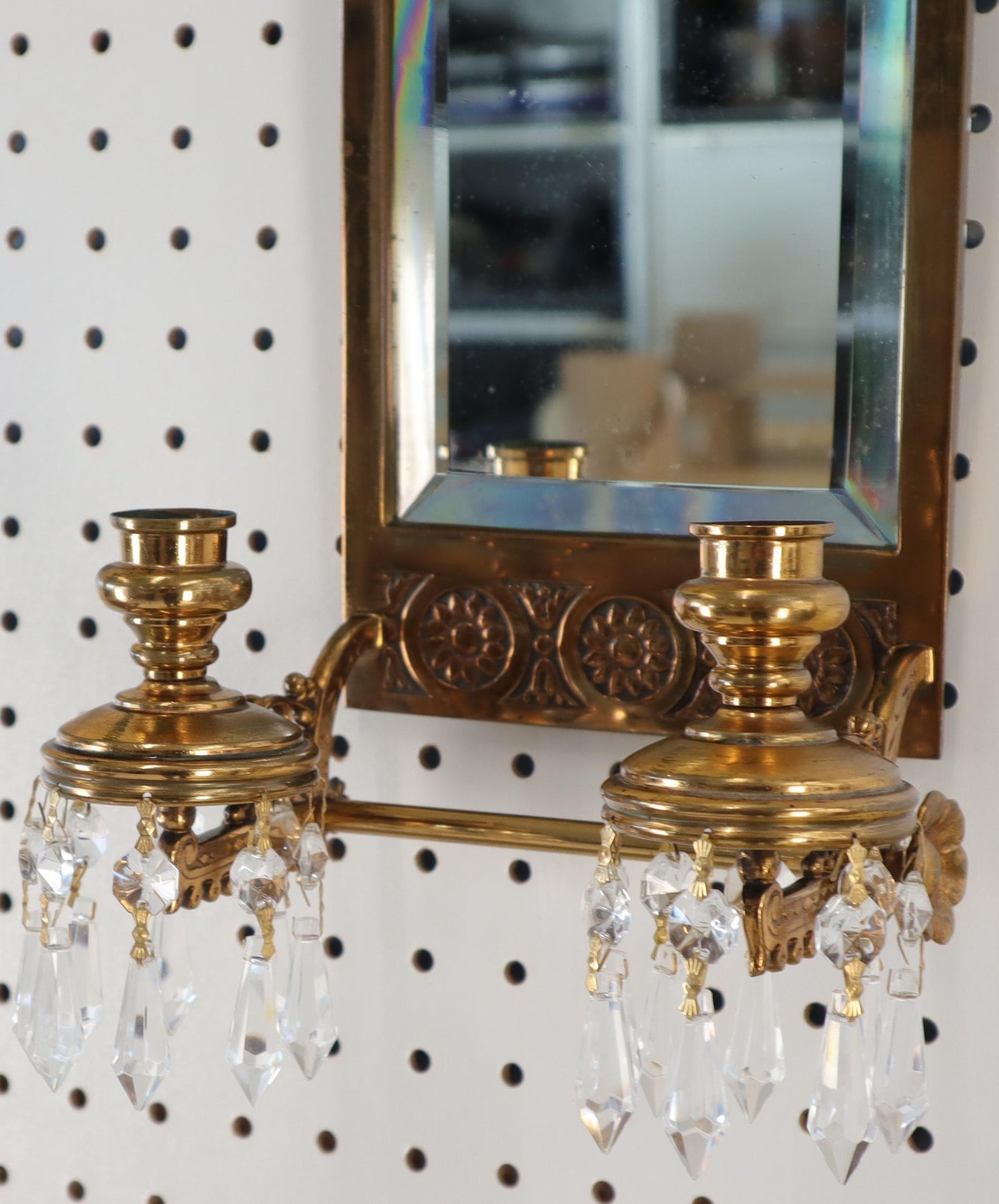 EstablishedLines Antique Brass 2 Candle Mirror Wall Sconce 16 Crystal Prisms, 1875