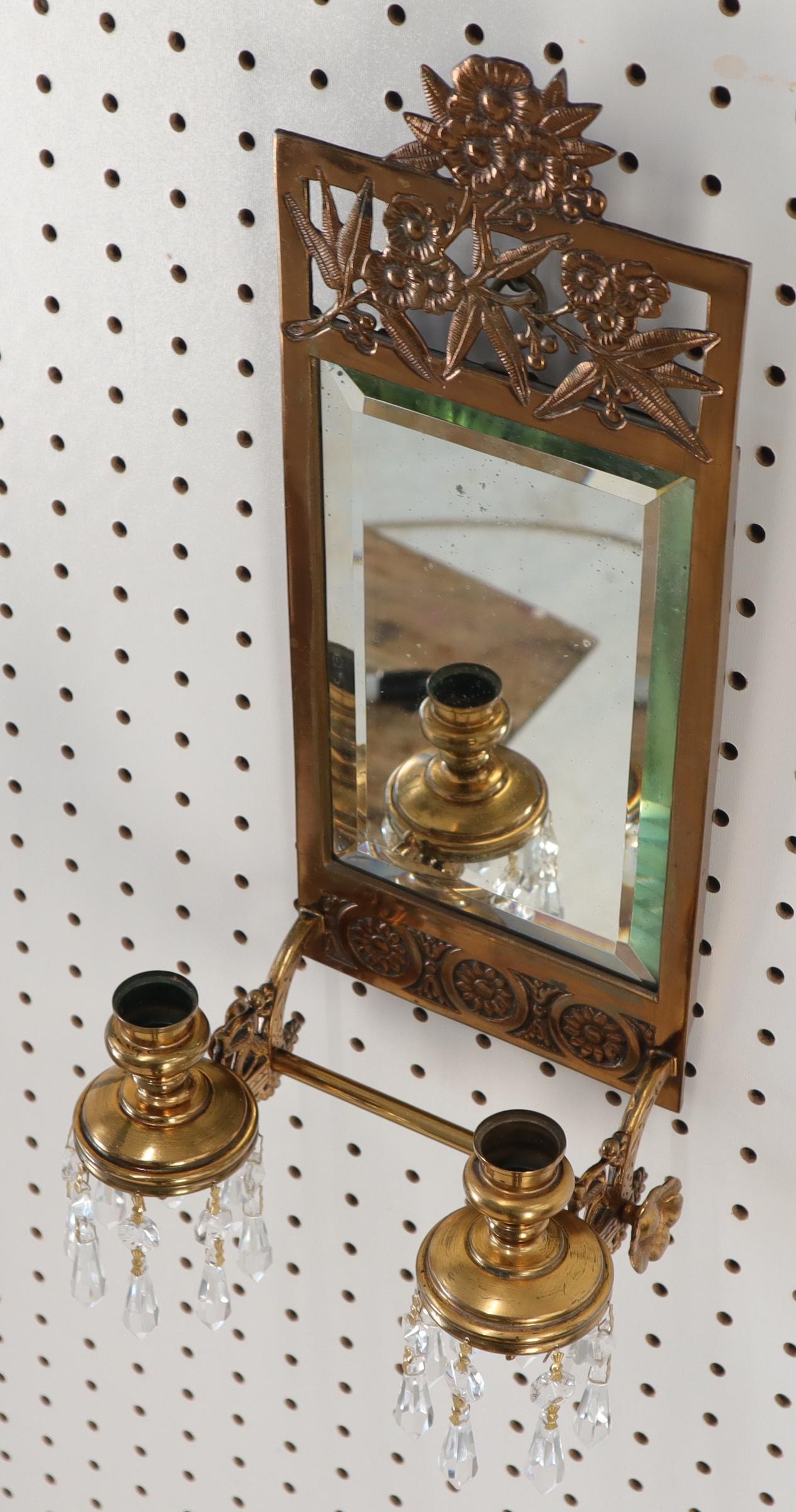 EstablishedLines Antique Brass 2 Candle Mirror Wall Sconce 16 Crystal Prisms, 1875
