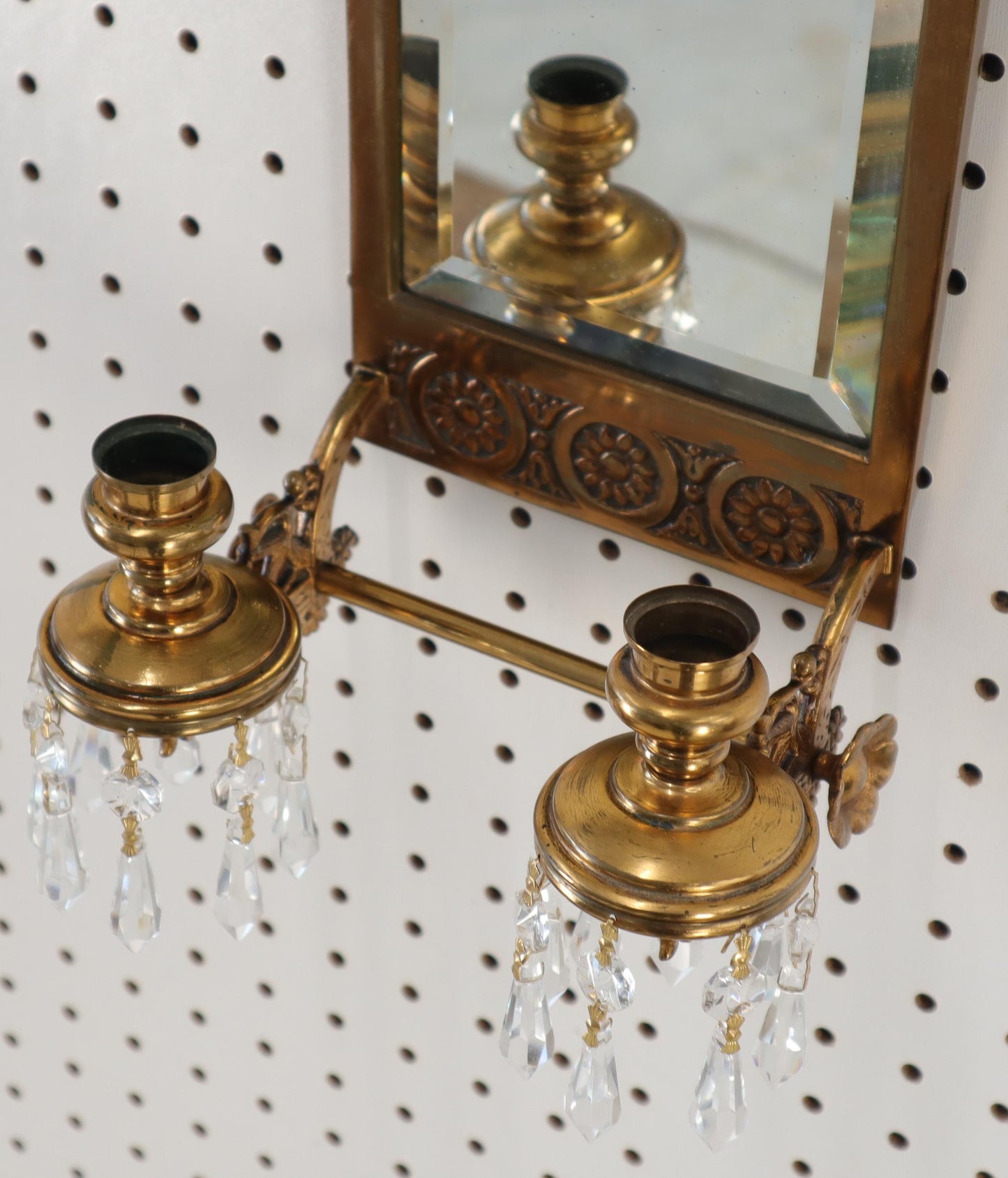 EstablishedLines Antique Brass 2 Candle Mirror Wall Sconce 16 Crystal Prisms, 1875