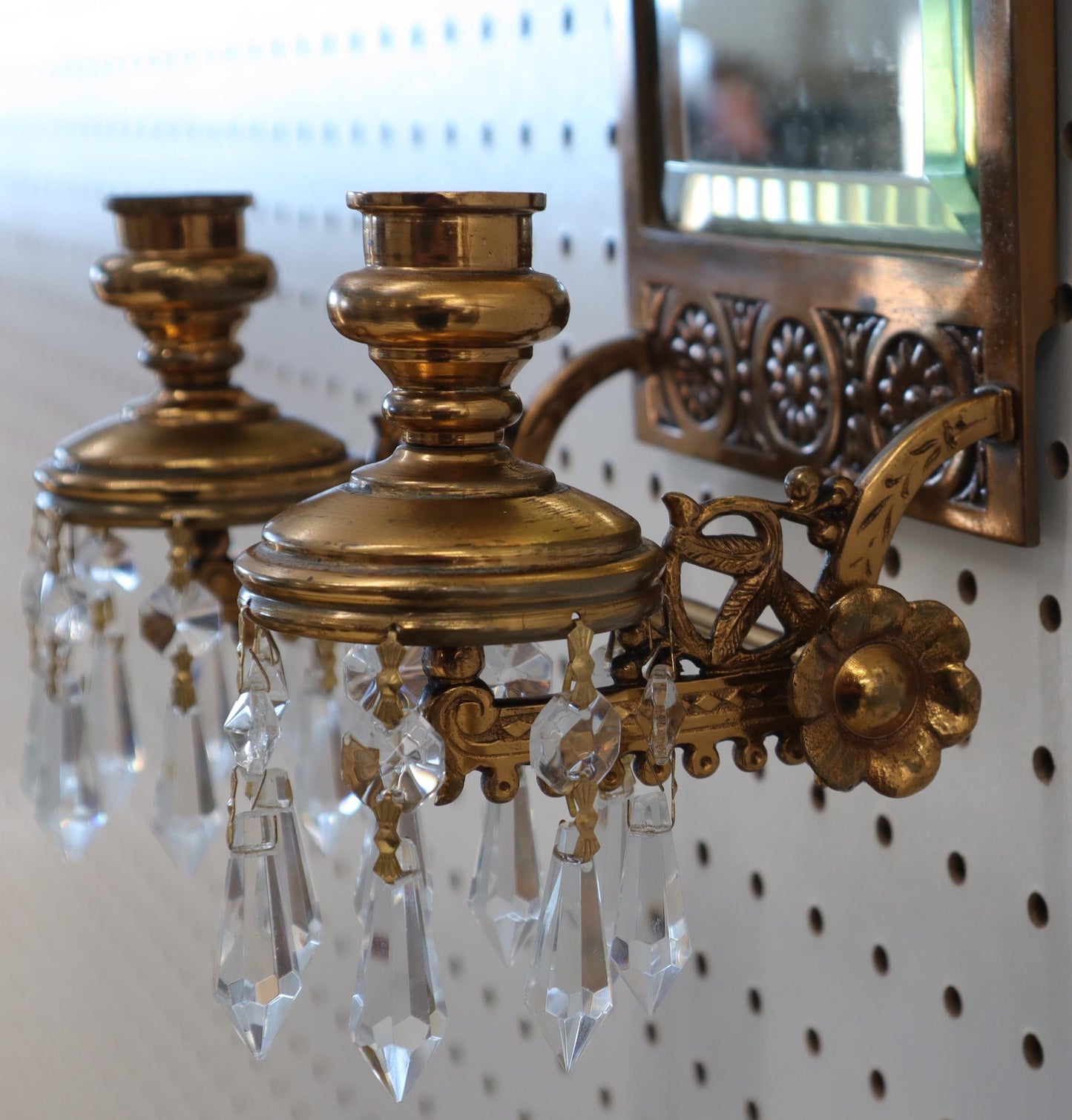 EstablishedLines Antique Brass 2 Candle Mirror Wall Sconce 16 Crystal Prisms, 1875