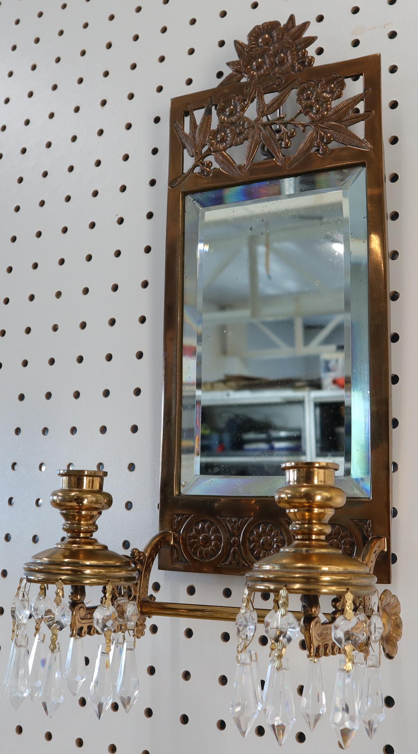 EstablishedLines Antique Brass 2 Candle Mirror Wall Sconce 16 Crystal Prisms, 1875