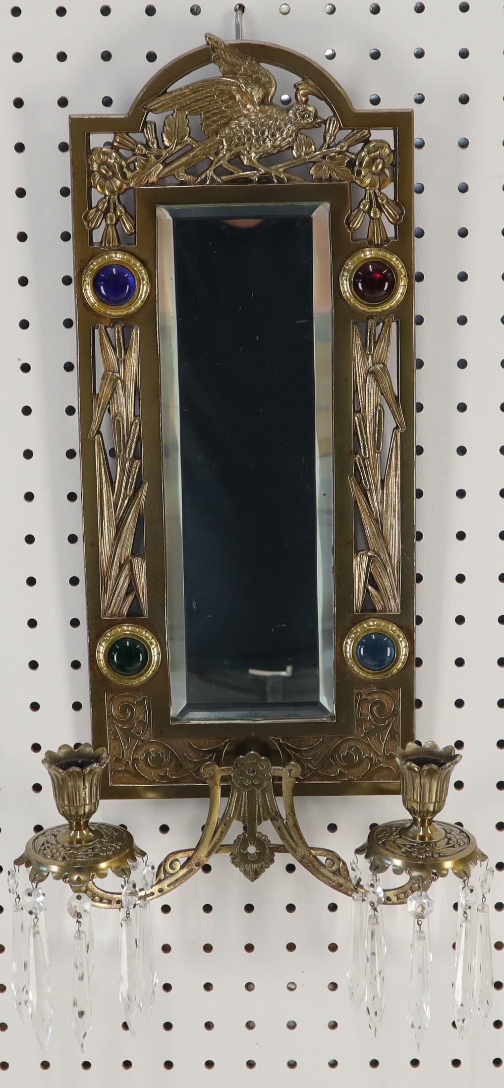 EstablishedLines Antique Brass 2 Candle Mirror Jewel Decorated Wall Sconce 16 Prisms, circa 1875