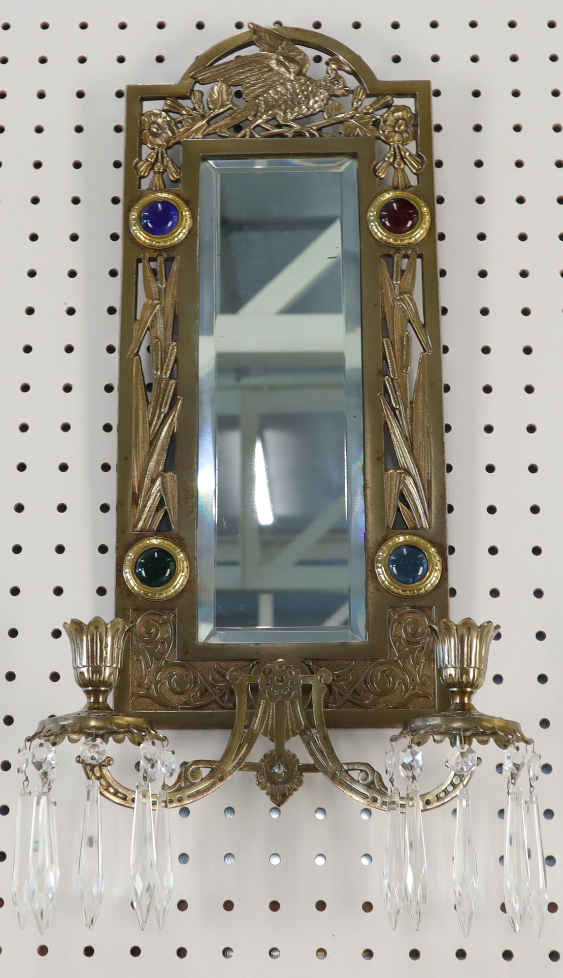 EstablishedLines Antique Brass 2 Candle Mirror Jewel Decorated Wall Sconce 16 Prisms, circa 1875