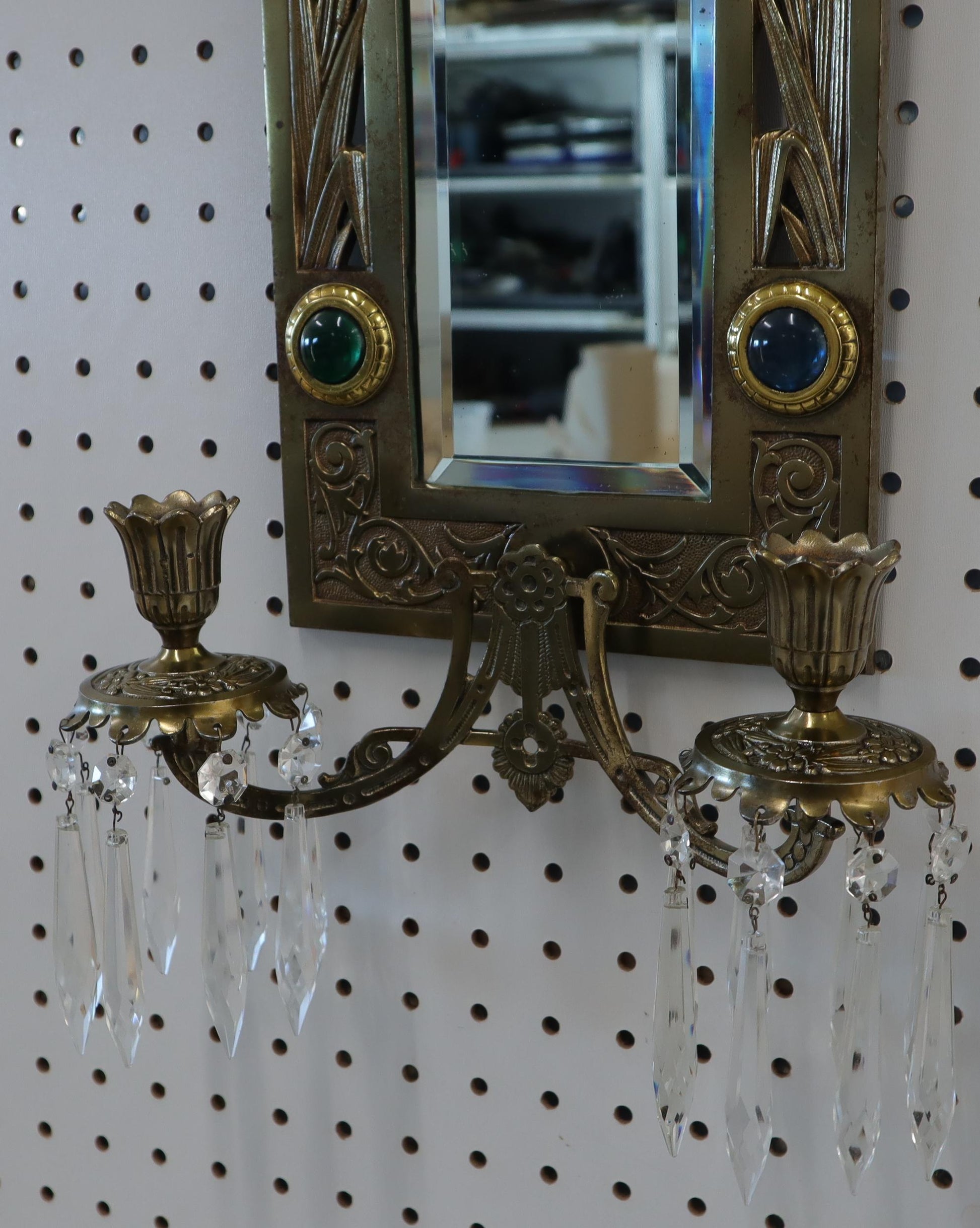 EstablishedLines Antique Brass 2 Candle Mirror Jewel Decorated Wall Sconce 16 Prisms, circa 1875