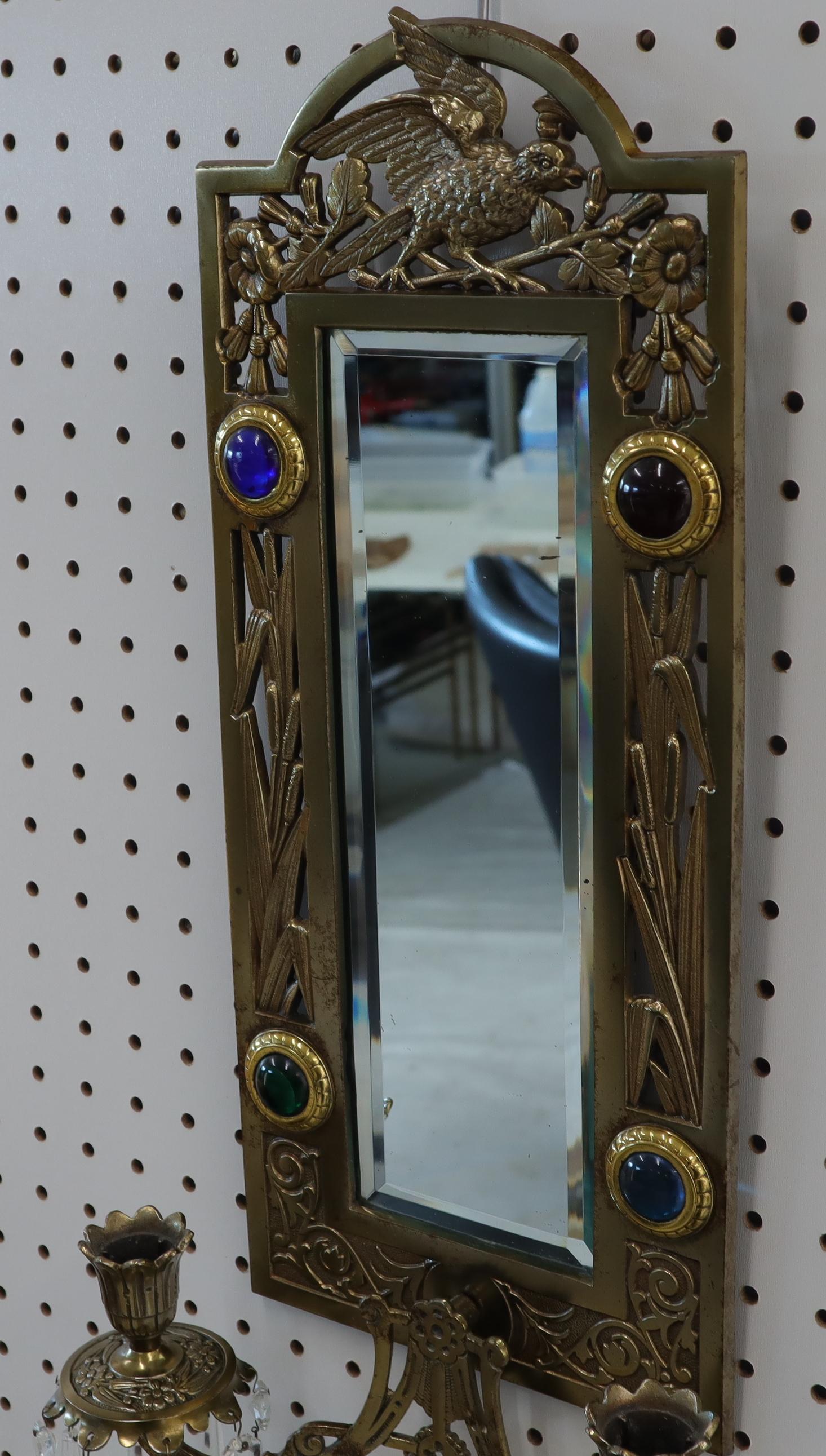 EstablishedLines Antique Brass 2 Candle Mirror Jewel Decorated Wall Sconce 16 Prisms, circa 1875