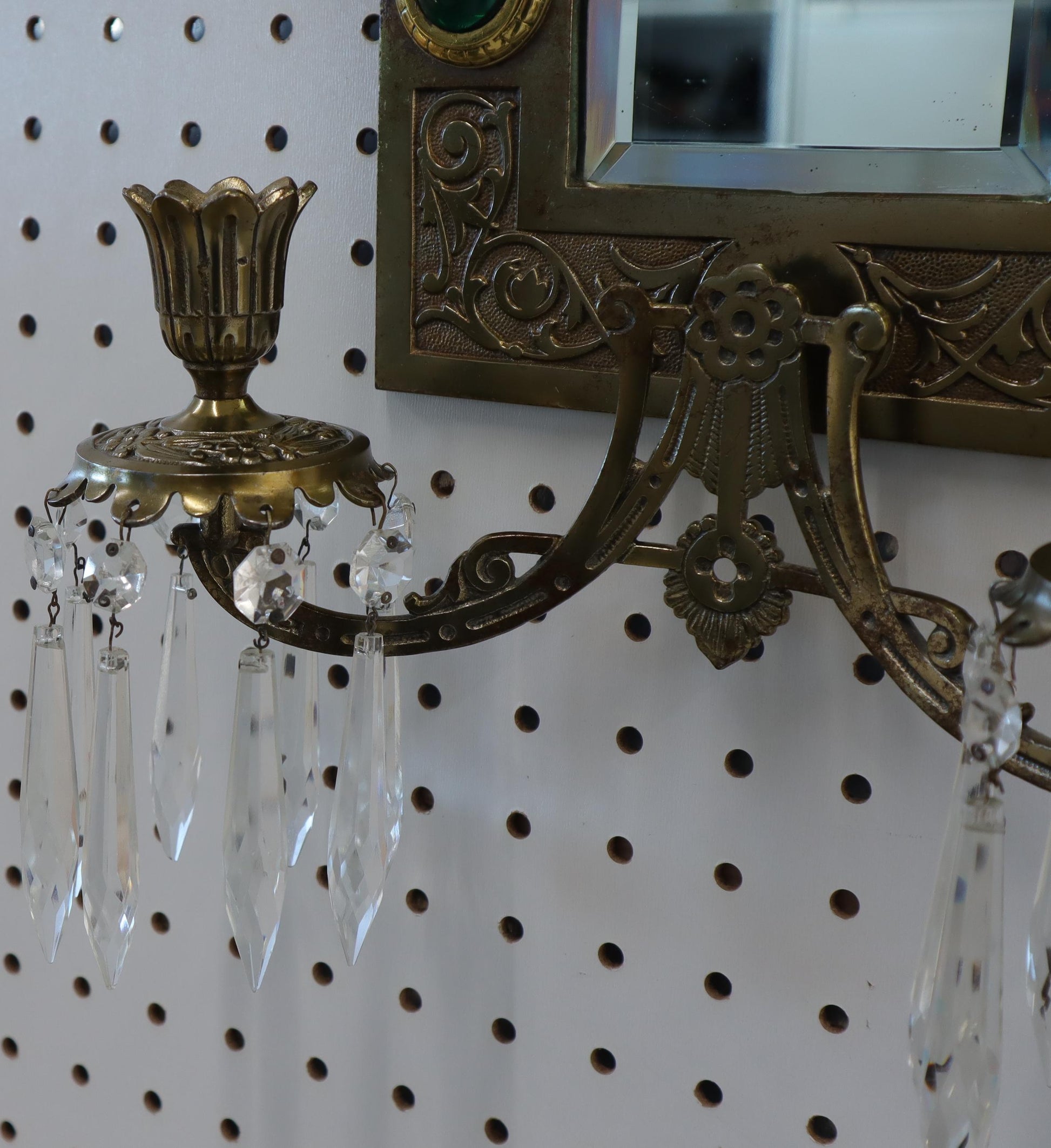 EstablishedLines Antique Brass 2 Candle Mirror Jewel Decorated Wall Sconce 16 Prisms, circa 1875