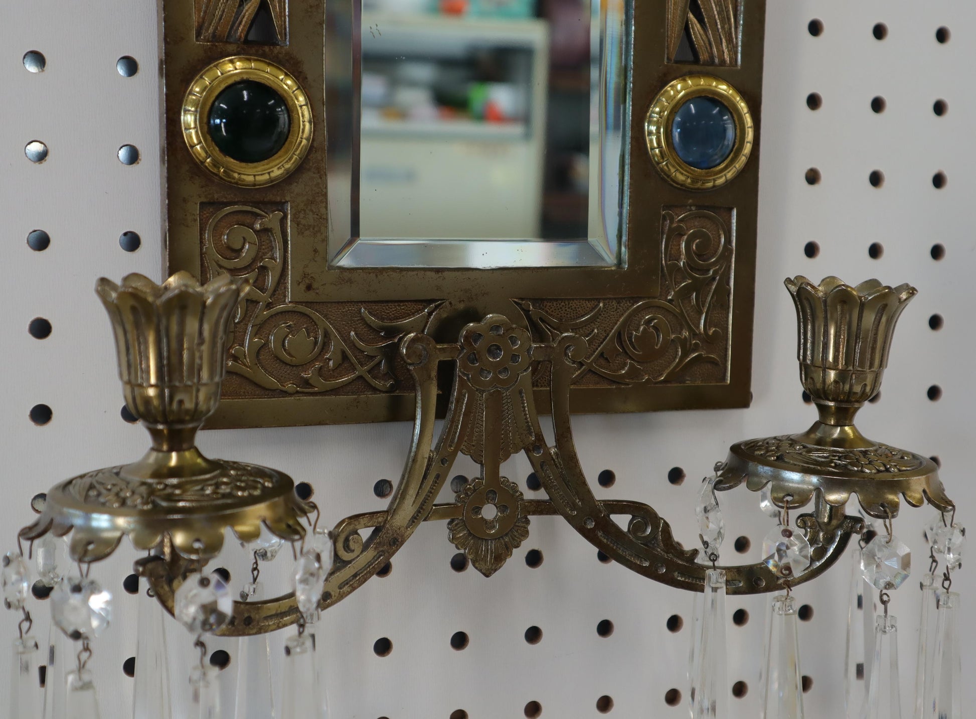 EstablishedLines Antique Brass 2 Candle Mirror Jewel Decorated Wall Sconce 16 Prisms, circa 1875