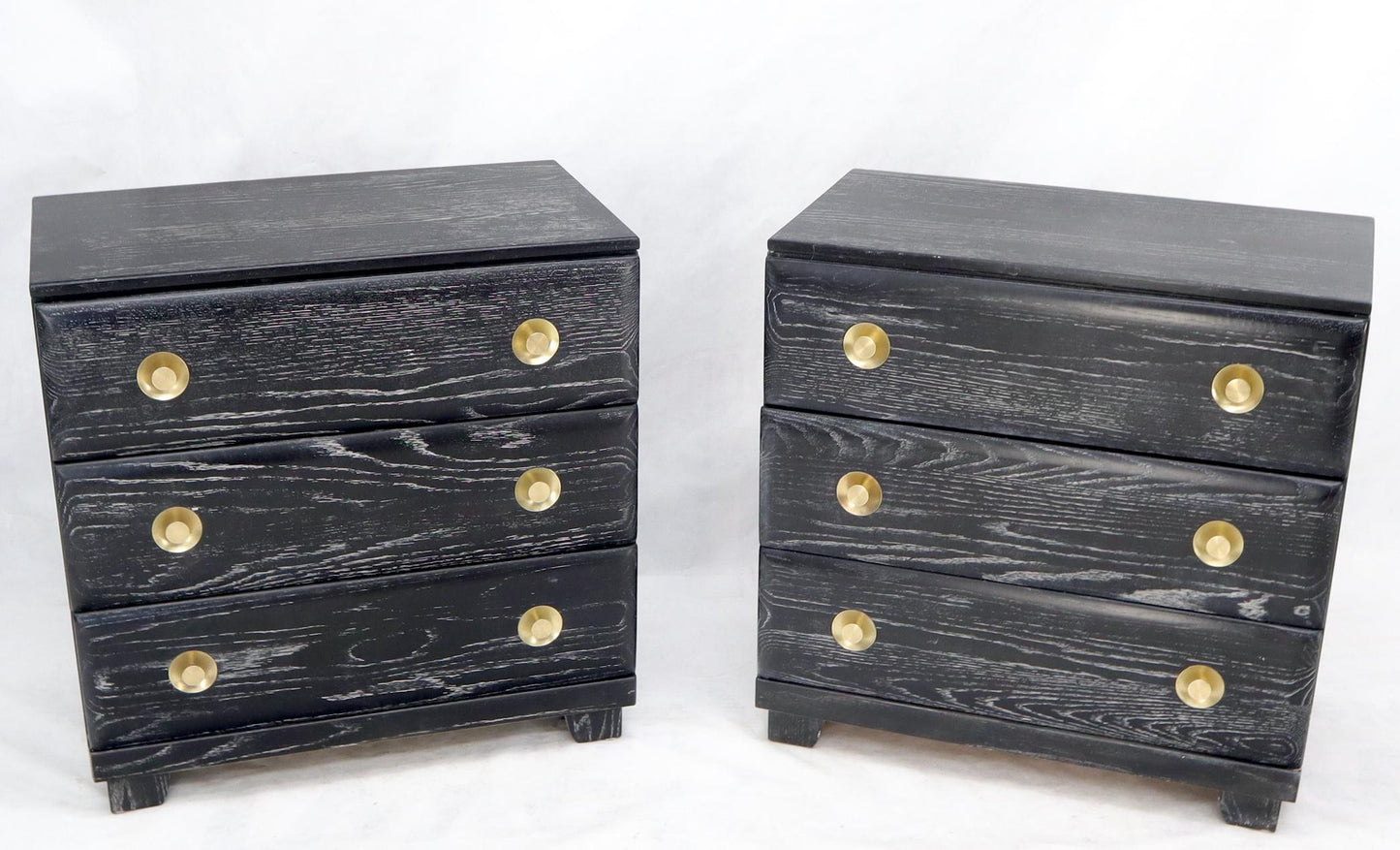 EstablishedLines Pair of Cerused Limed Oak Three-Drawer Bachelor Chests with Round Brass