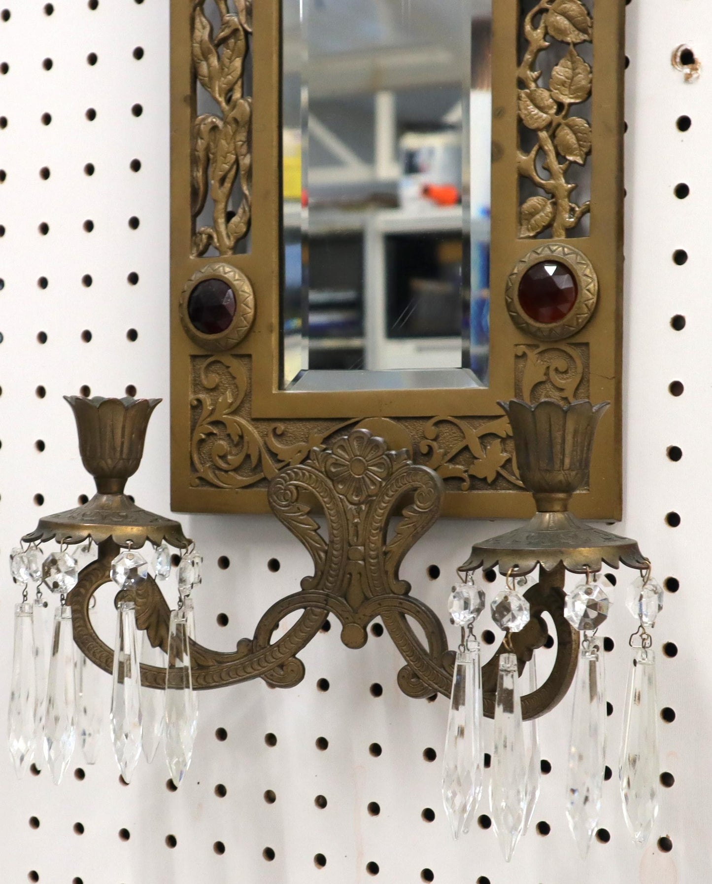 EstablishedLines Large Bronze Mirror Sconce Two Candleholders Jewels Decorated
