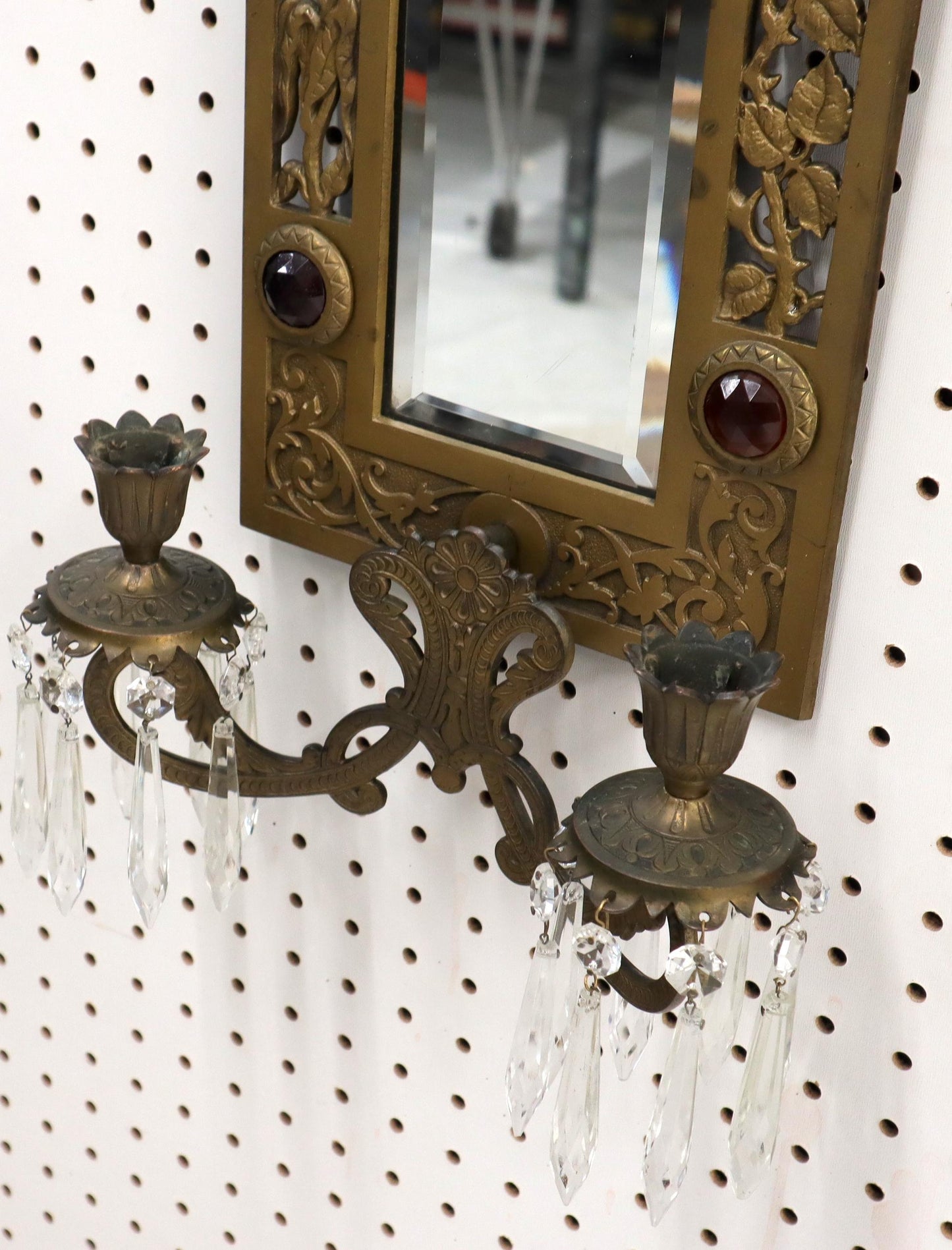 EstablishedLines Large Bronze Mirror Sconce Two Candleholders Jewels Decorated