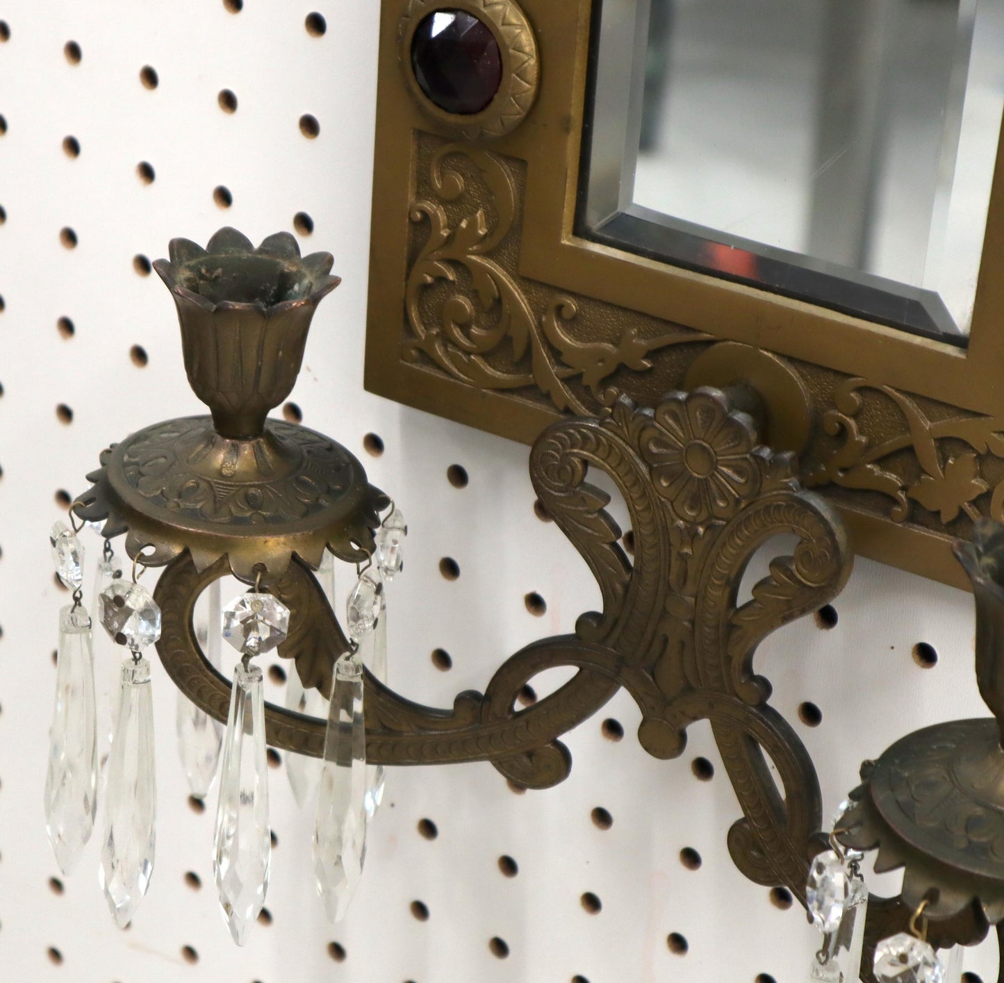 EstablishedLines Large Bronze Mirror Sconce Two Candleholders Jewels Decorated