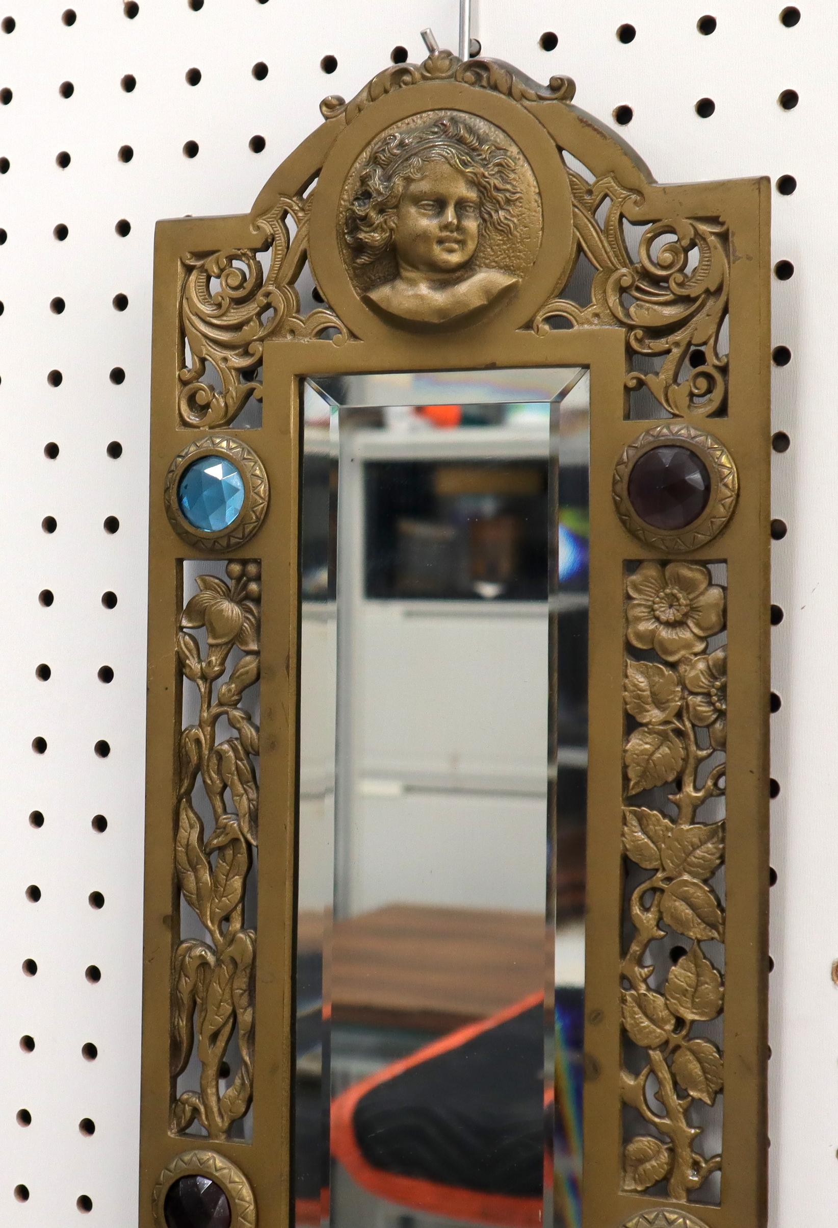 EstablishedLines Large Bronze Mirror Sconce Two Candleholders Jewels Decorated