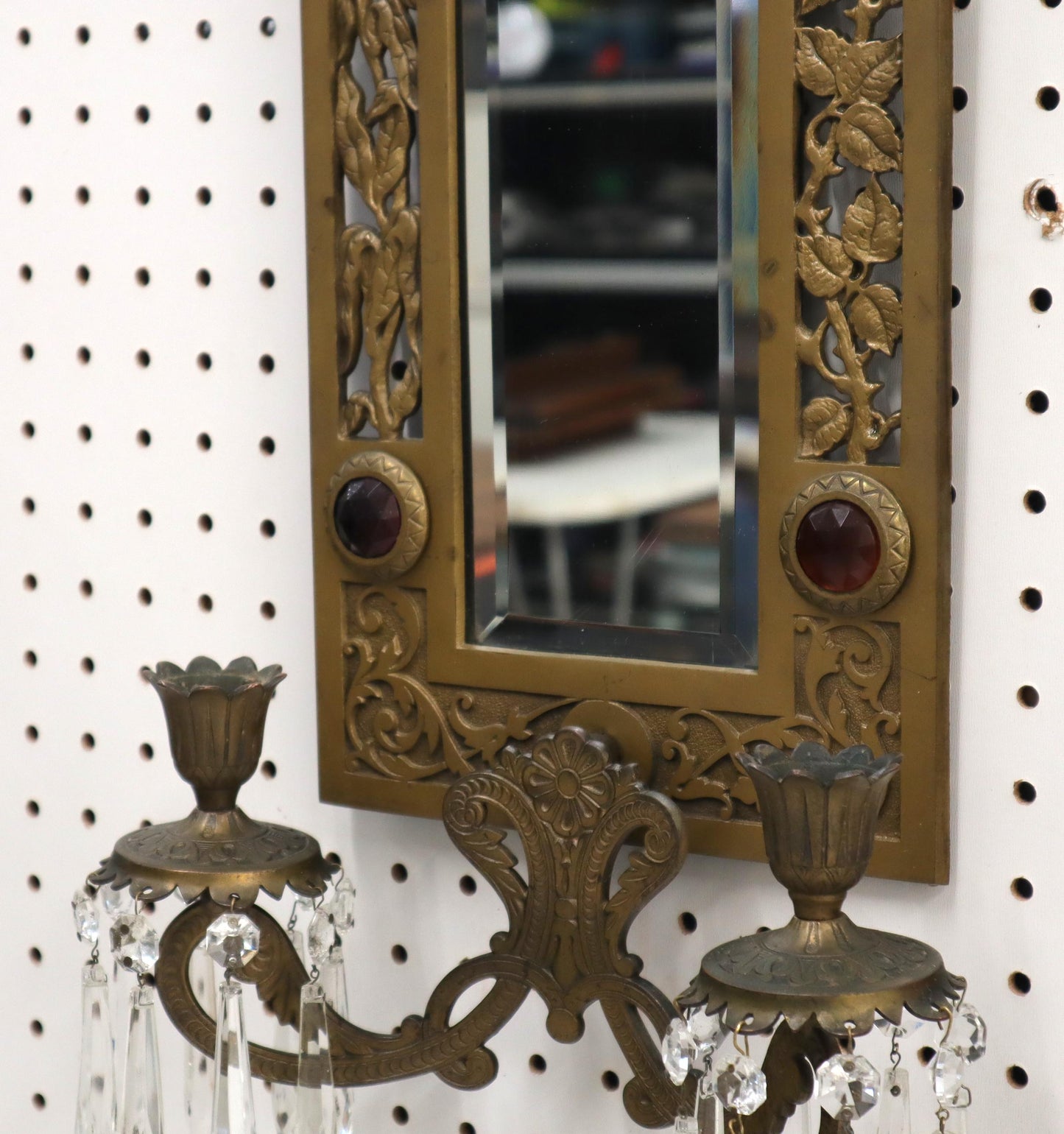 EstablishedLines Large Bronze Mirror Sconce Two Candleholders Jewels Decorated