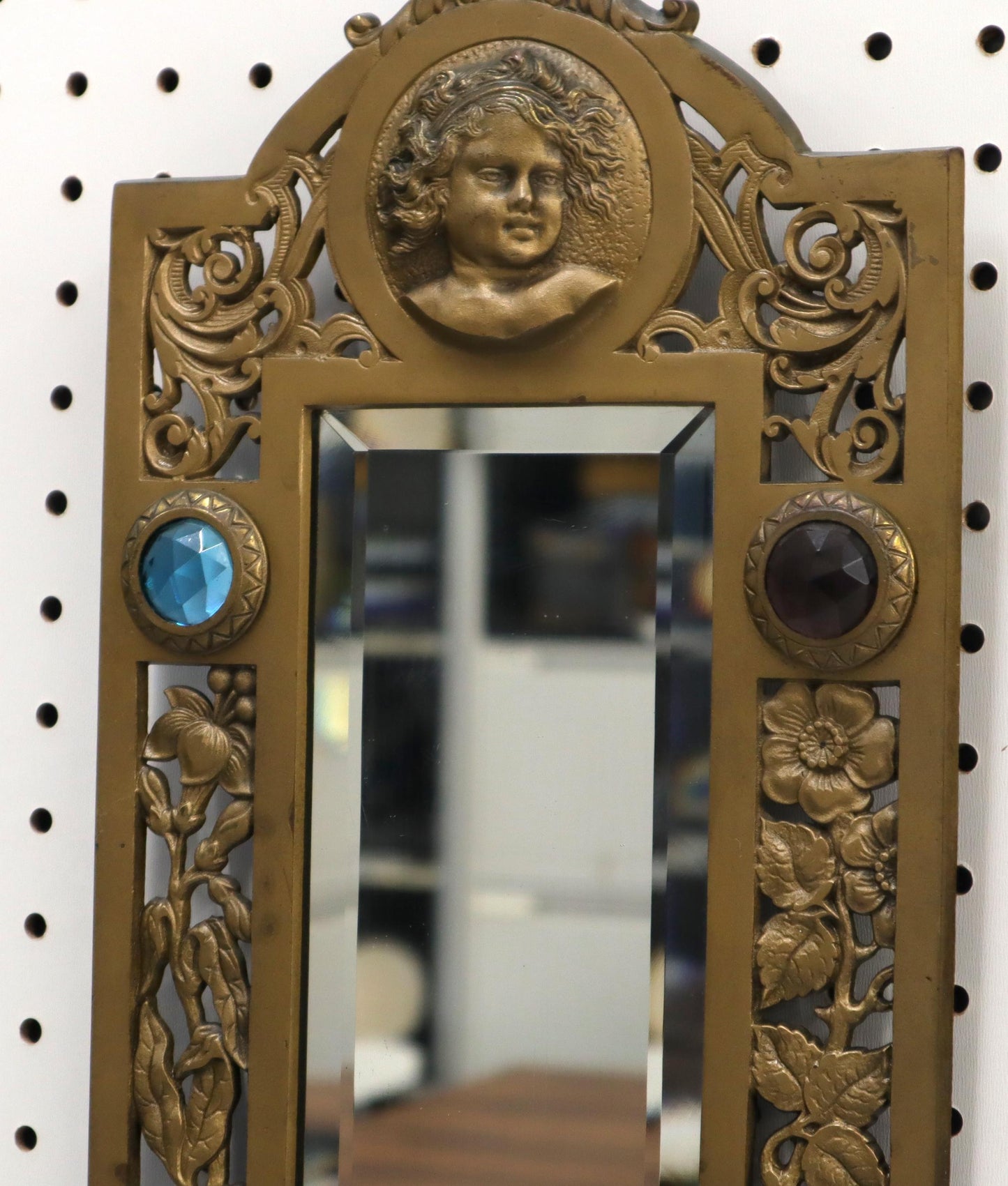 EstablishedLines Large Bronze Mirror Sconce Two Candleholders Jewels Decorated
