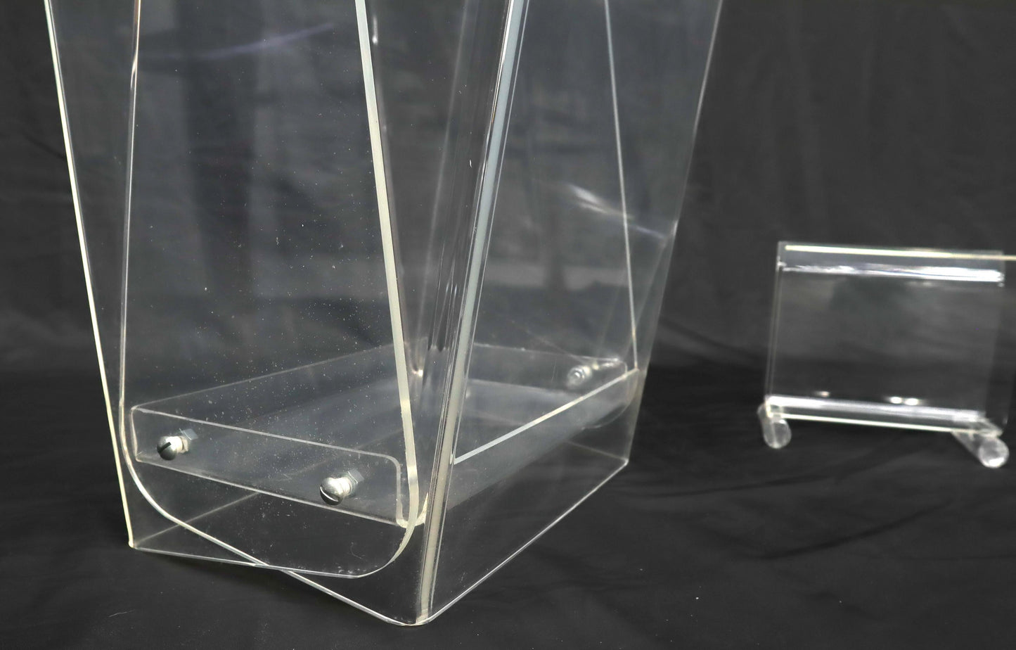 EstablishedLines Mid-Century Modern Bent Lucite & Chrome Paper Basket & Letter Holder