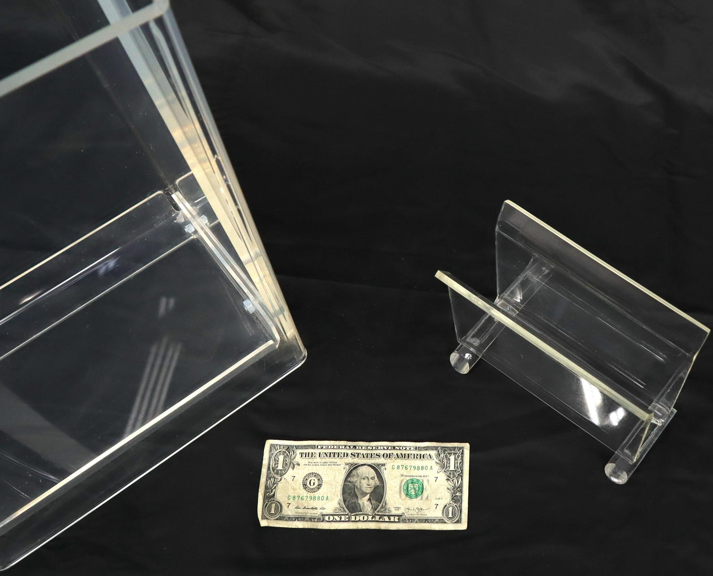 EstablishedLines Mid-Century Modern Bent Lucite & Chrome Paper Basket & Letter Holder