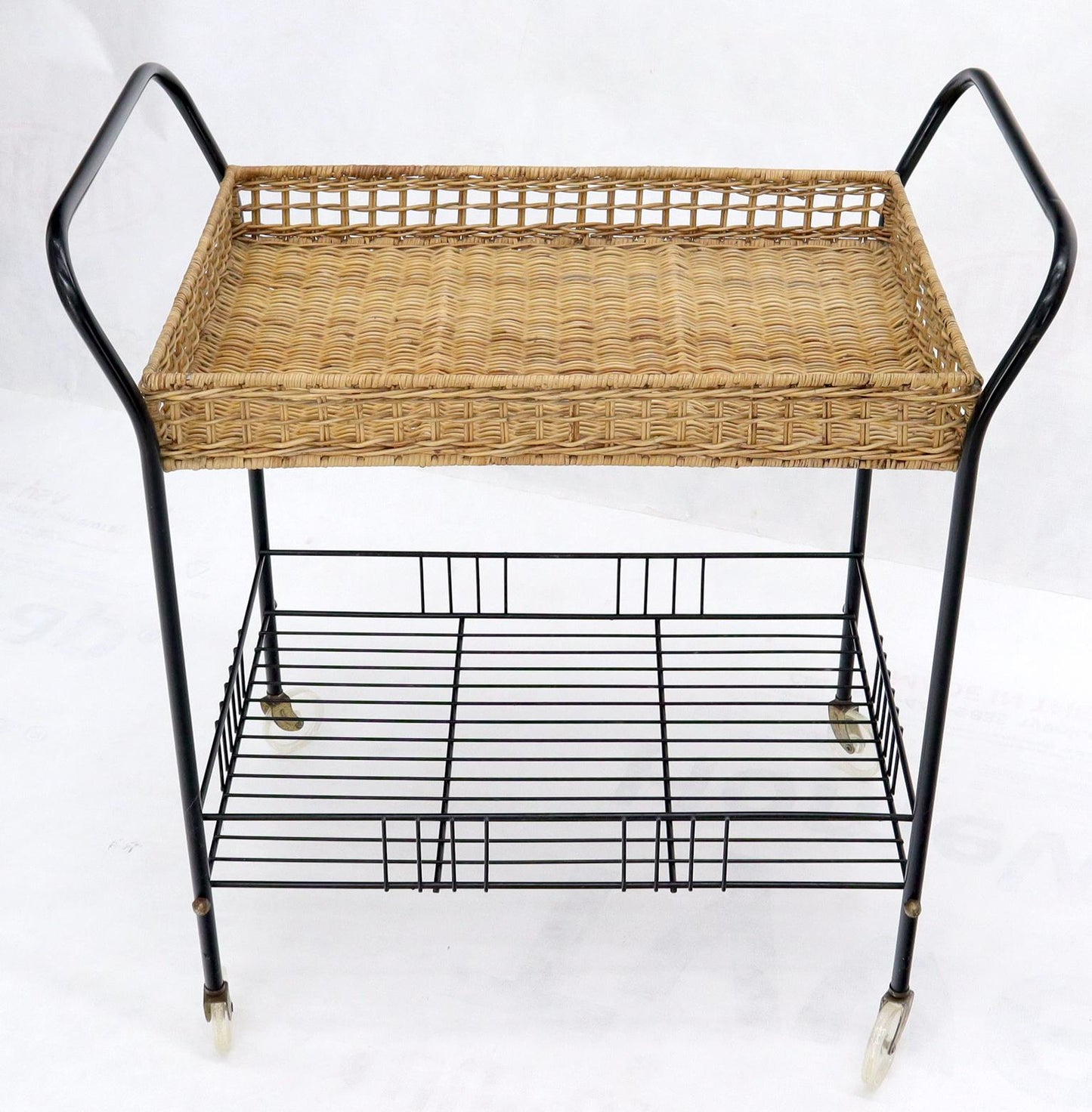 EstablishedLines Wicker & Bent Steel Mid-Century Modern Serving Cart Side Table on Wheels