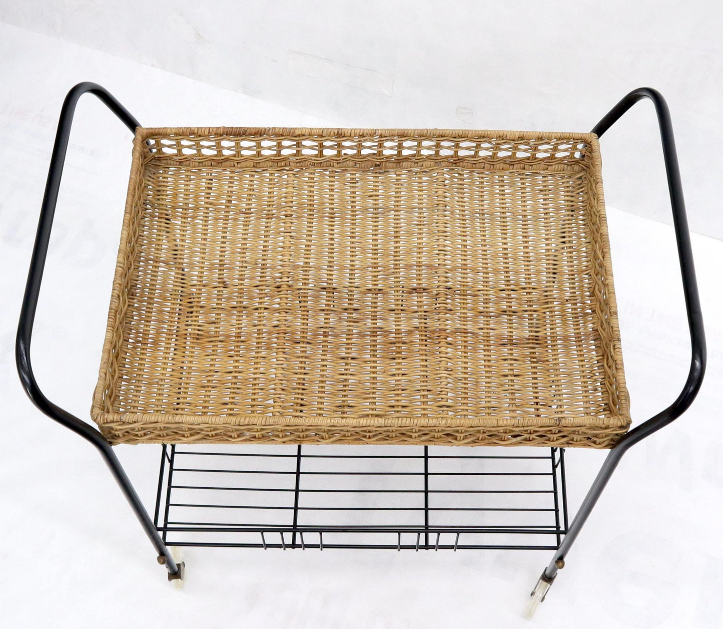 EstablishedLines Wicker & Bent Steel Mid-Century Modern Serving Cart Side Table on Wheels