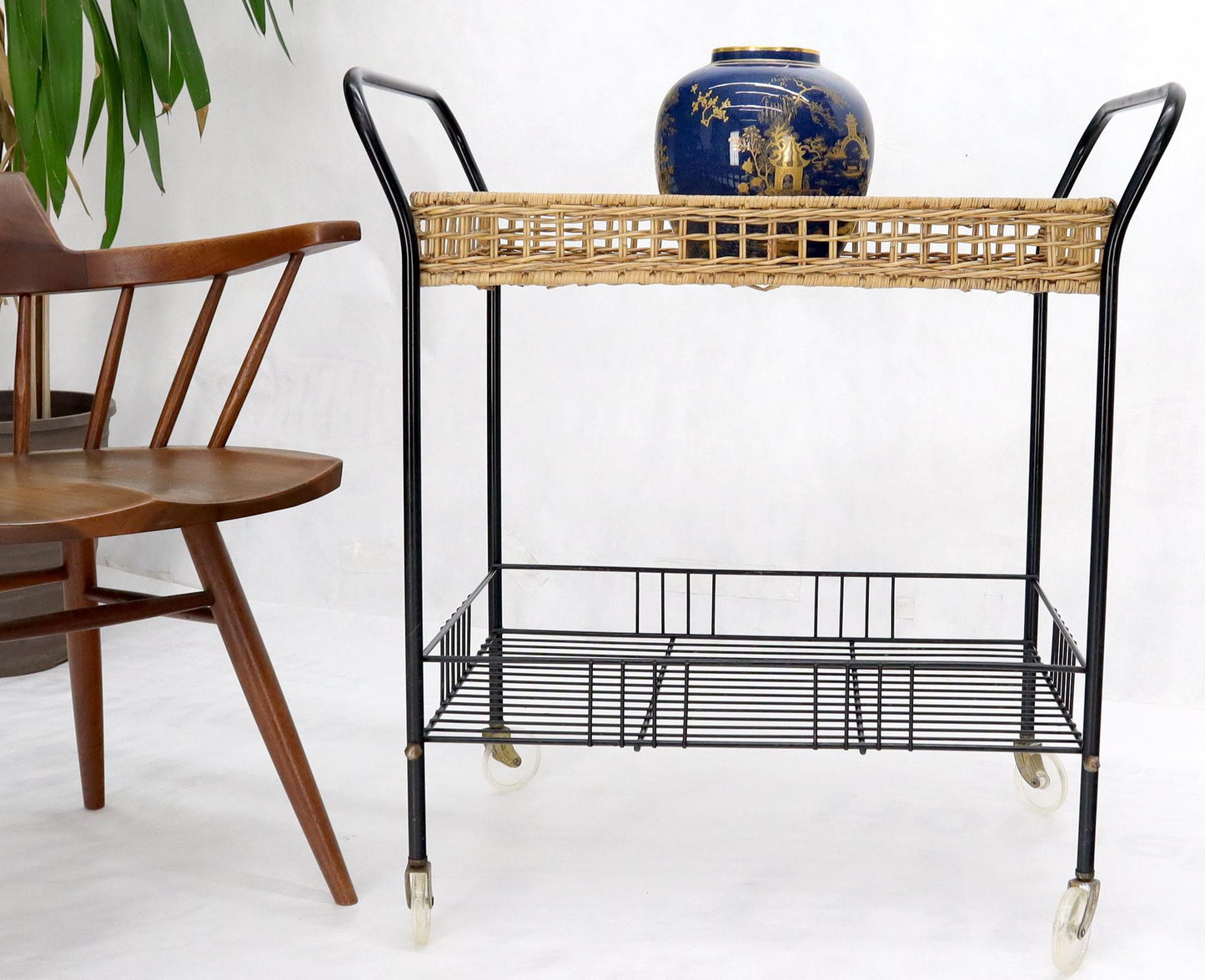 EstablishedLines Wicker & Bent Steel Mid-Century Modern Serving Cart Side Table on Wheels