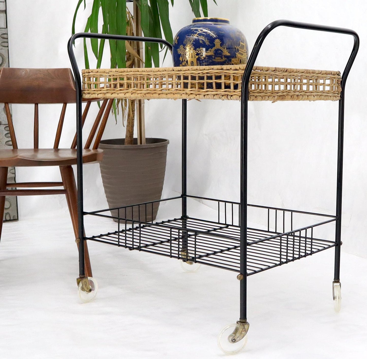 EstablishedLines Wicker & Bent Steel Mid-Century Modern Serving Cart Side Table on Wheels