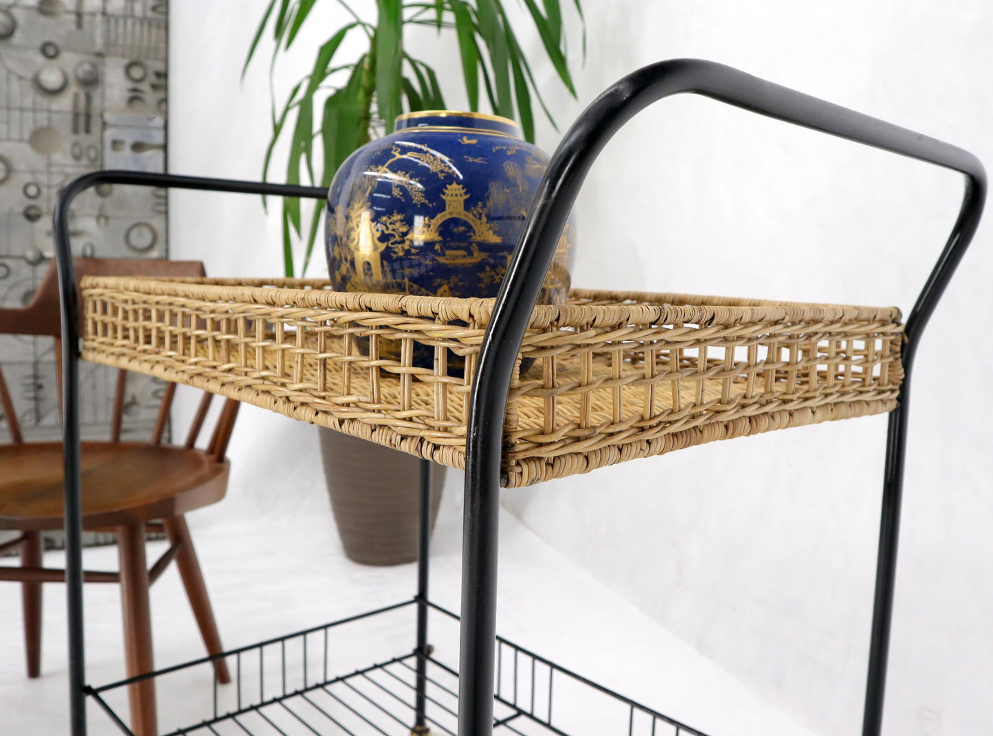 EstablishedLines Wicker & Bent Steel Mid-Century Modern Serving Cart Side Table on Wheels