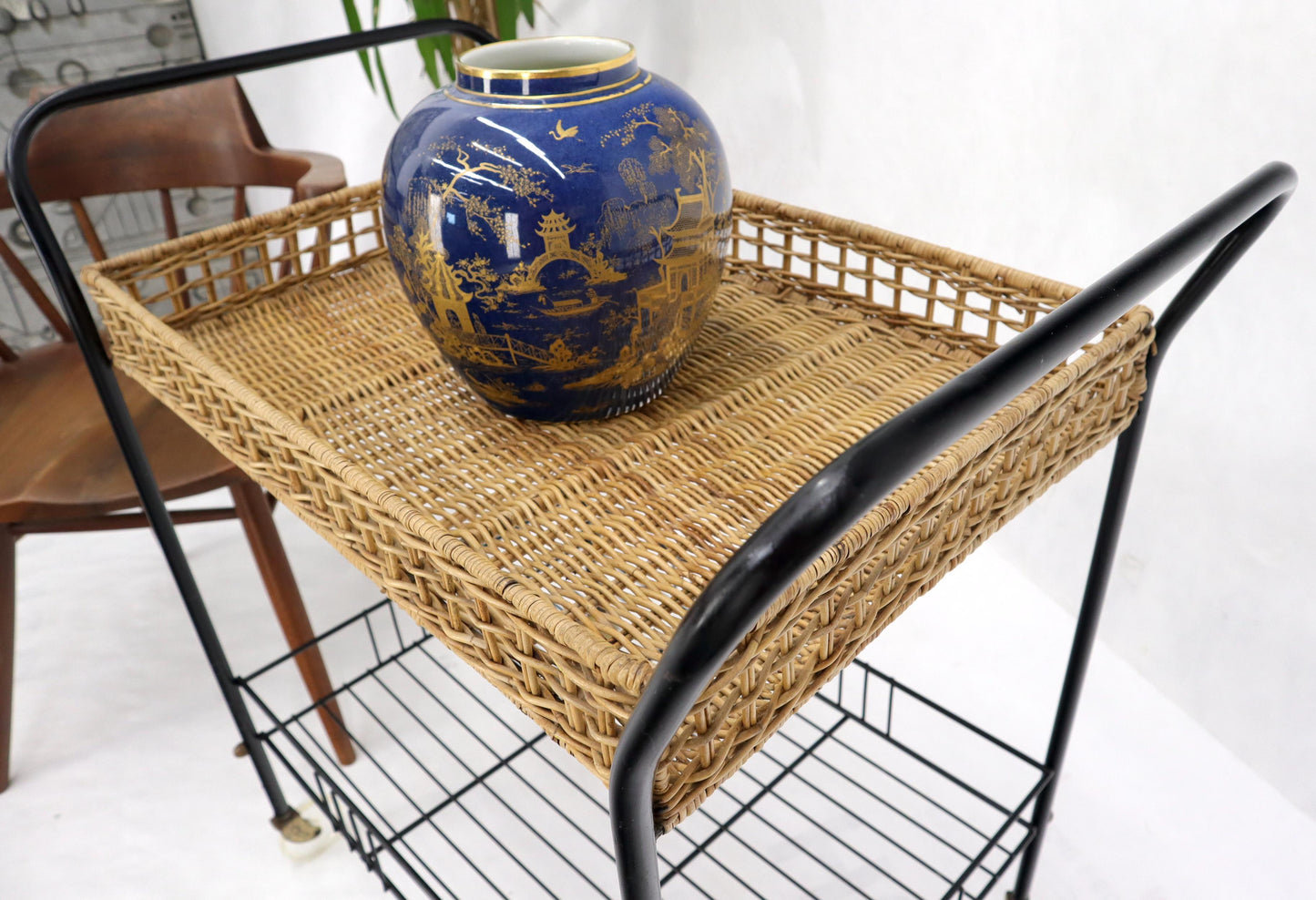 EstablishedLines Wicker & Bent Steel Mid-Century Modern Serving Cart Side Table on Wheels