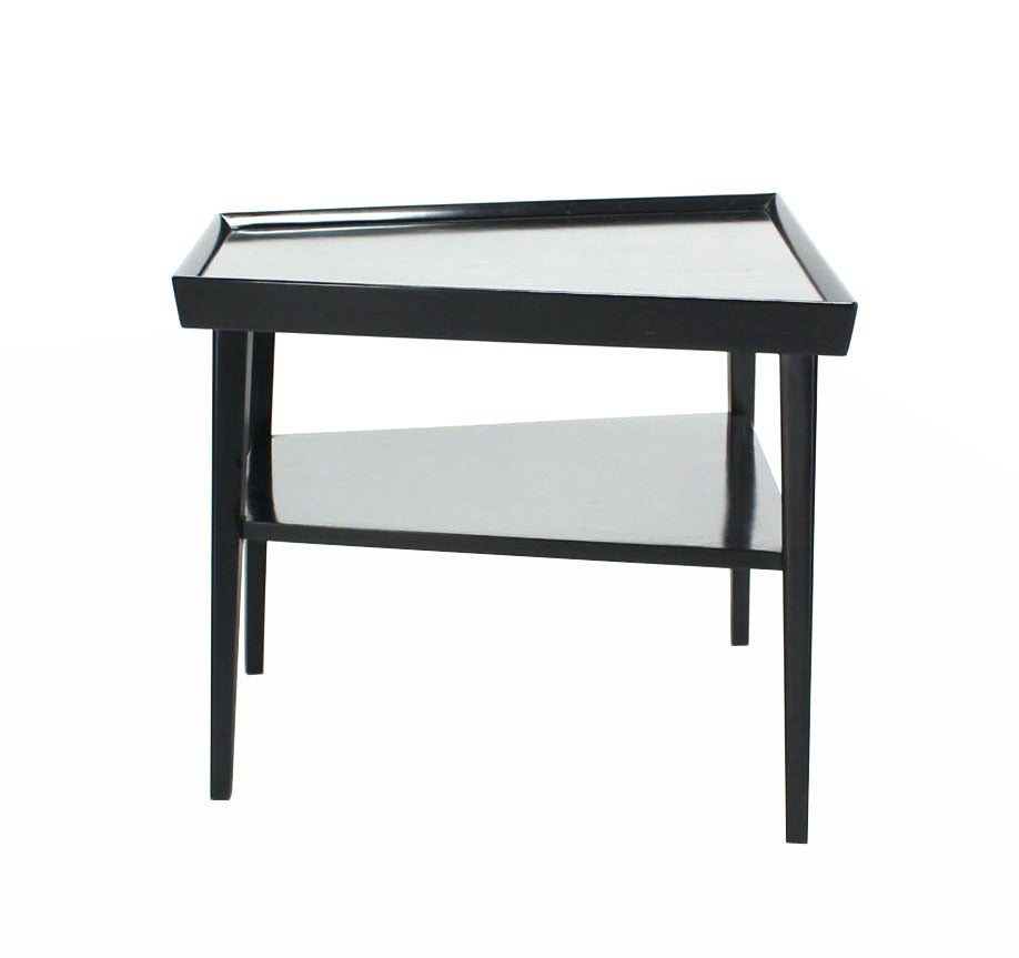 EstablishedLines Pair of Black Lacquer Trapezoid Shape Two Tier End Side Tables Stands