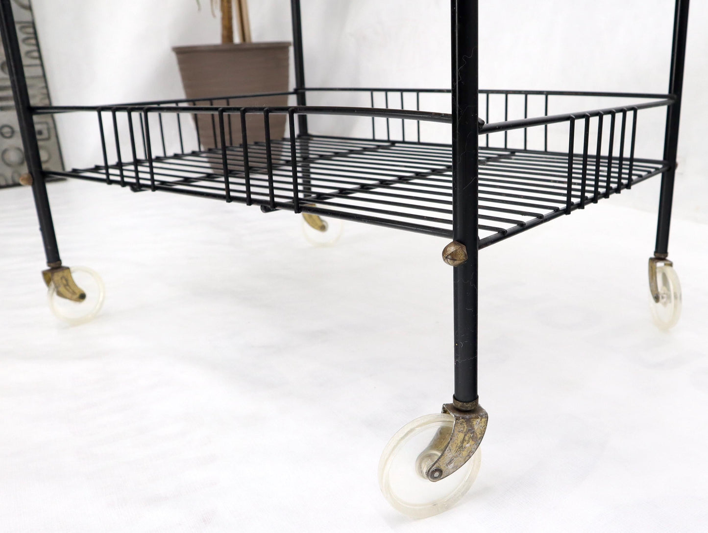 EstablishedLines Wicker & Bent Steel Mid-Century Modern Serving Cart Side Table on Wheels