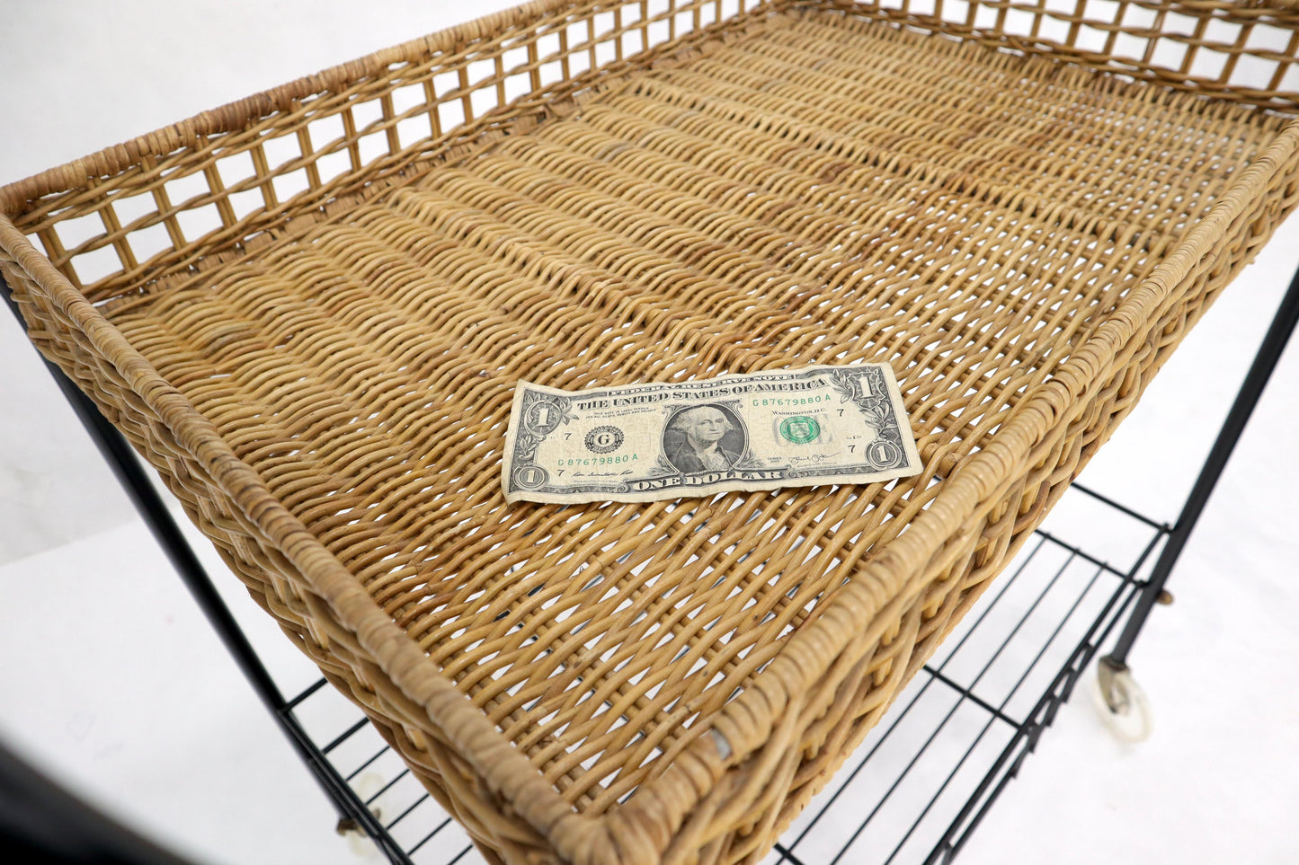 EstablishedLines Wicker & Bent Steel Mid-Century Modern Serving Cart Side Table on Wheels