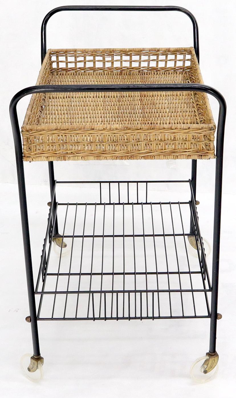 EstablishedLines Wicker & Bent Steel Mid-Century Modern Serving Cart Side Table on Wheels