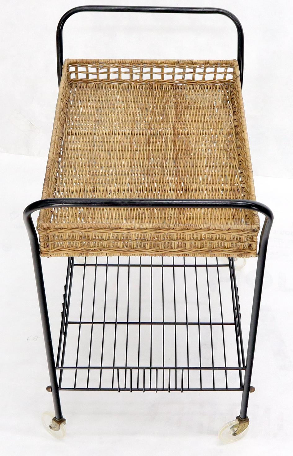 EstablishedLines Wicker & Bent Steel Mid-Century Modern Serving Cart Side Table on Wheels