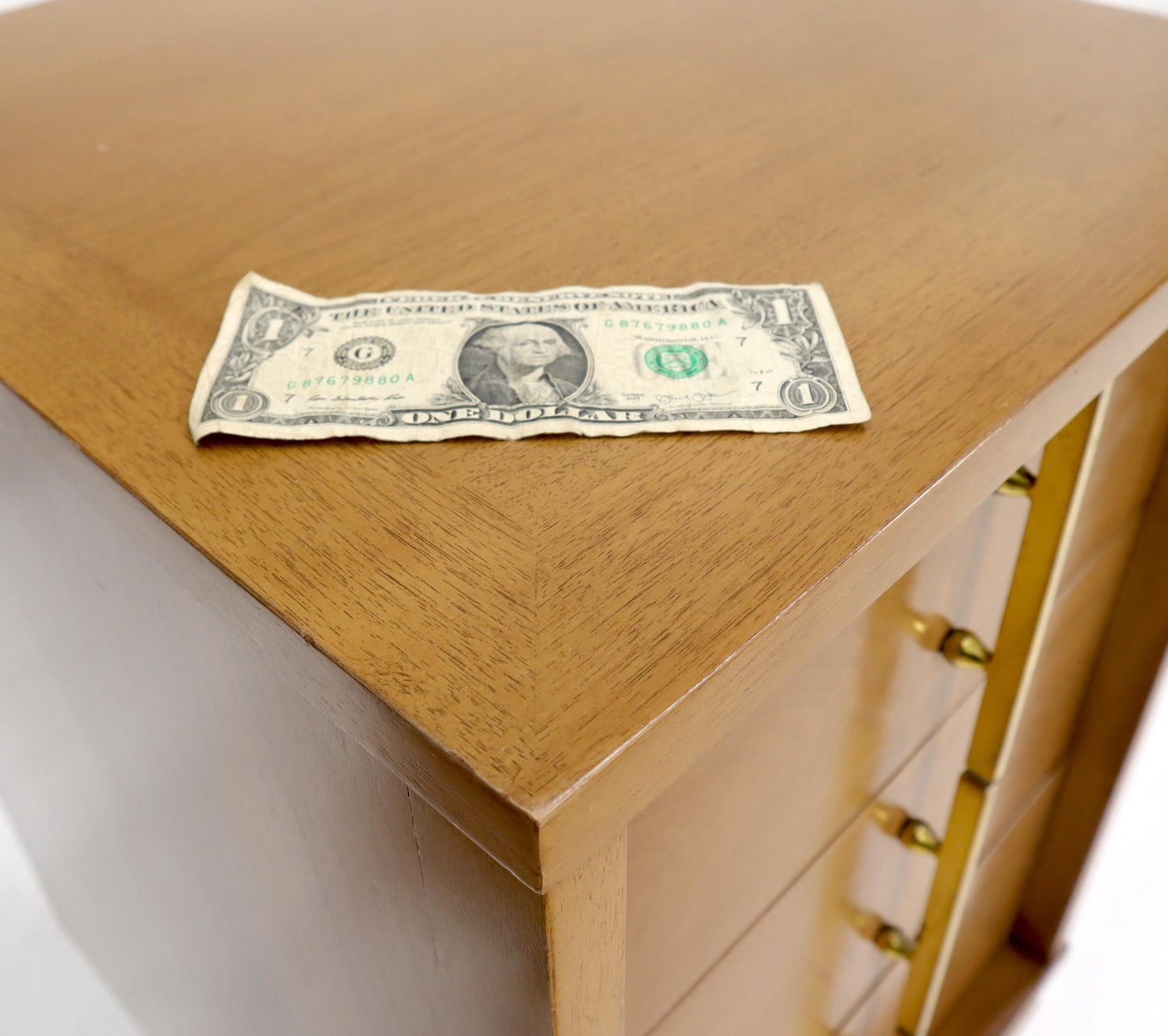 EstablishedLines Light American Walnut Three Drawer End Table Night Stand w/ Brass Hardware Pulls