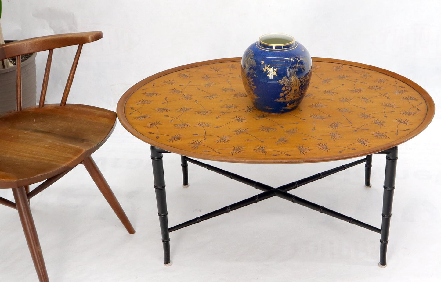 EstablishedLines Oval Kittinger Coffee Table Faux Bamboo Tapered Legs Incised Leafs Design on Top