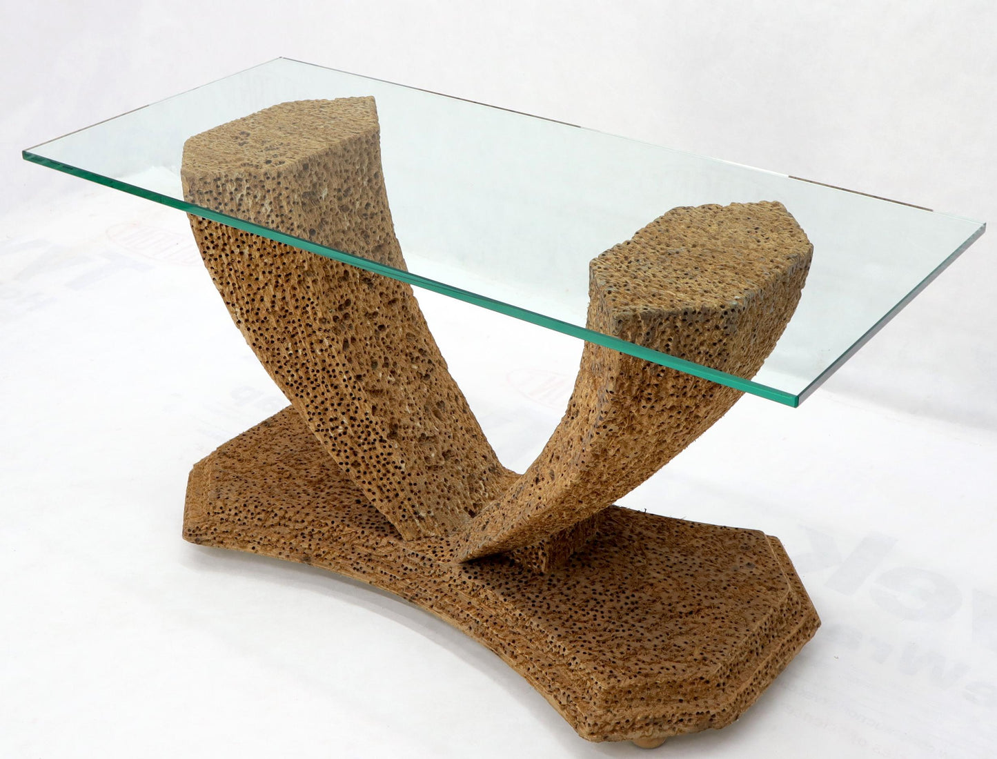EstablishedLines Unusual Distressed Wood V-Shape Base Large Console Sofa Table with Glass Top