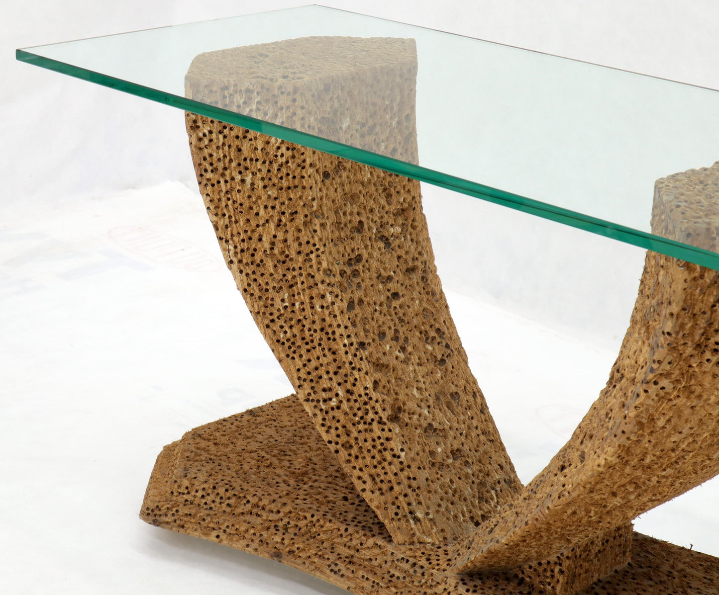 EstablishedLines Unusual Distressed Wood V-Shape Base Large Console Sofa Table with Glass Top