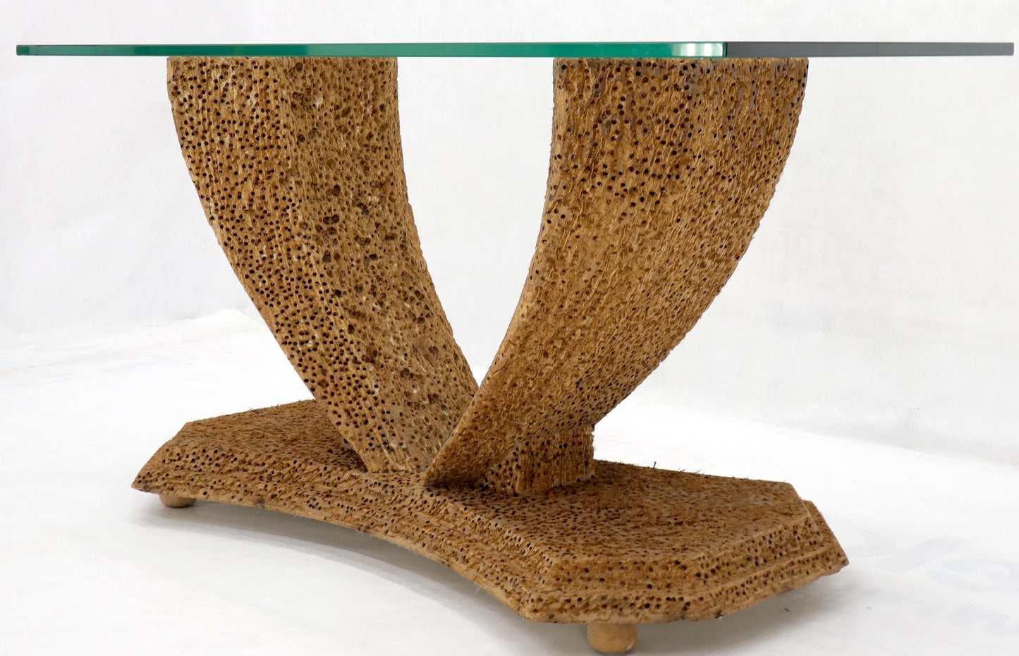 EstablishedLines Unusual Distressed Wood V-Shape Base Large Console Sofa Table with Glass Top