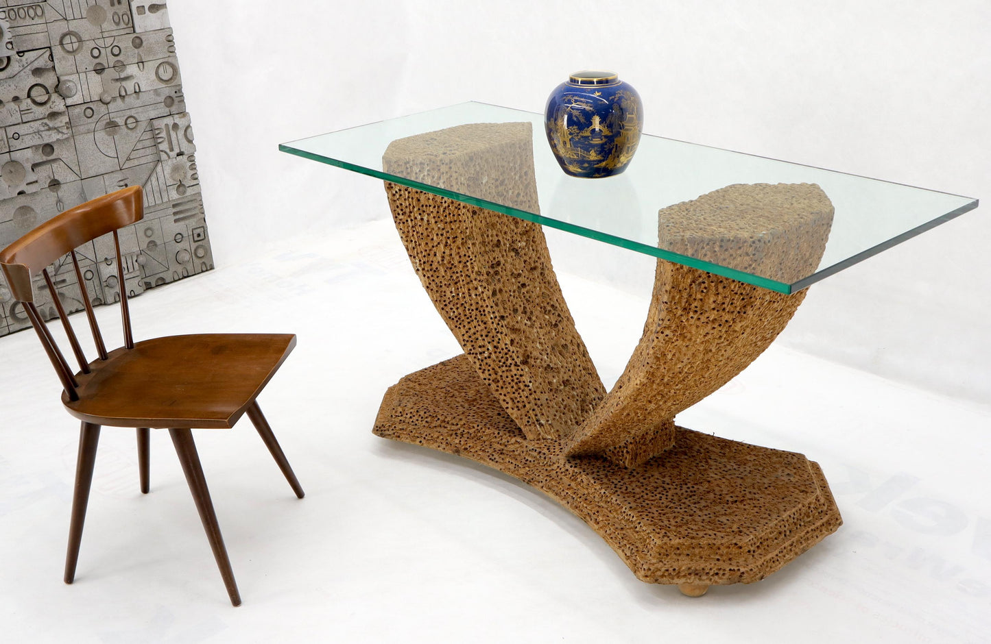 EstablishedLines Unusual Distressed Wood V-Shape Base Large Console Sofa Table with Glass Top