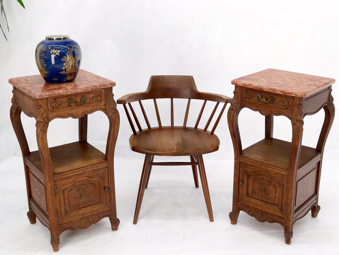 EstablishedLines Pair of carved oak rouge marble tops nightstands end tables