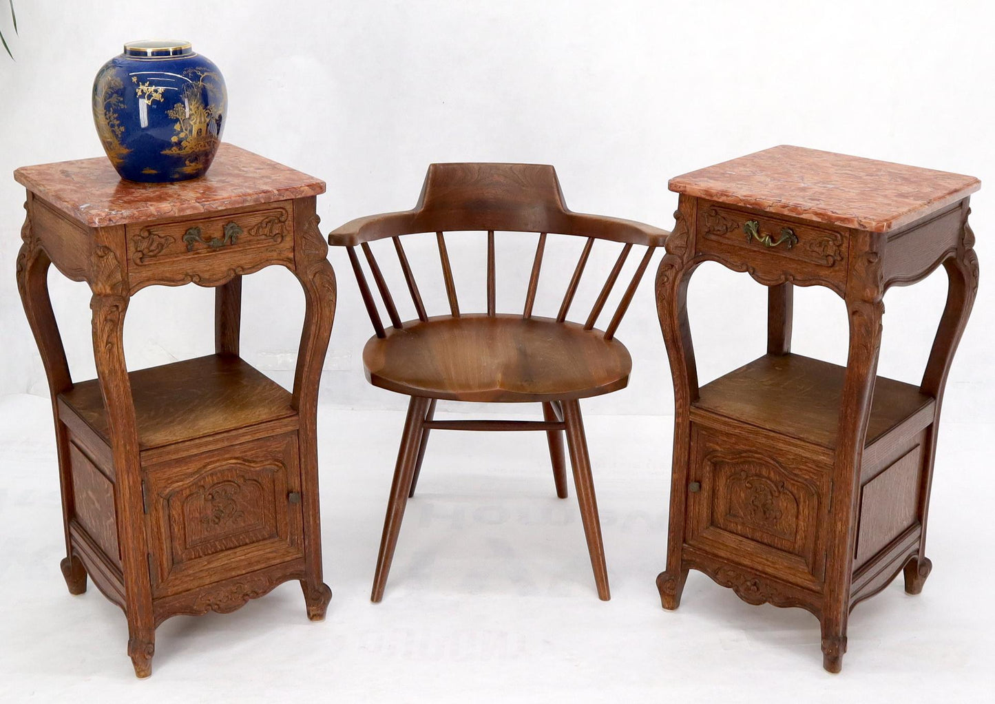 EstablishedLines Pair of carved oak rouge marble tops nightstands end tables