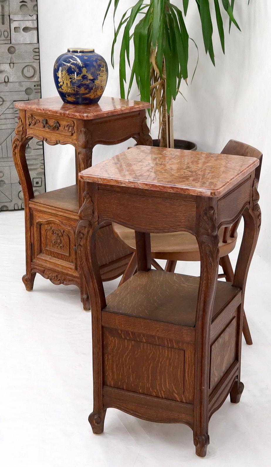 EstablishedLines Pair of carved oak rouge marble tops nightstands end tables