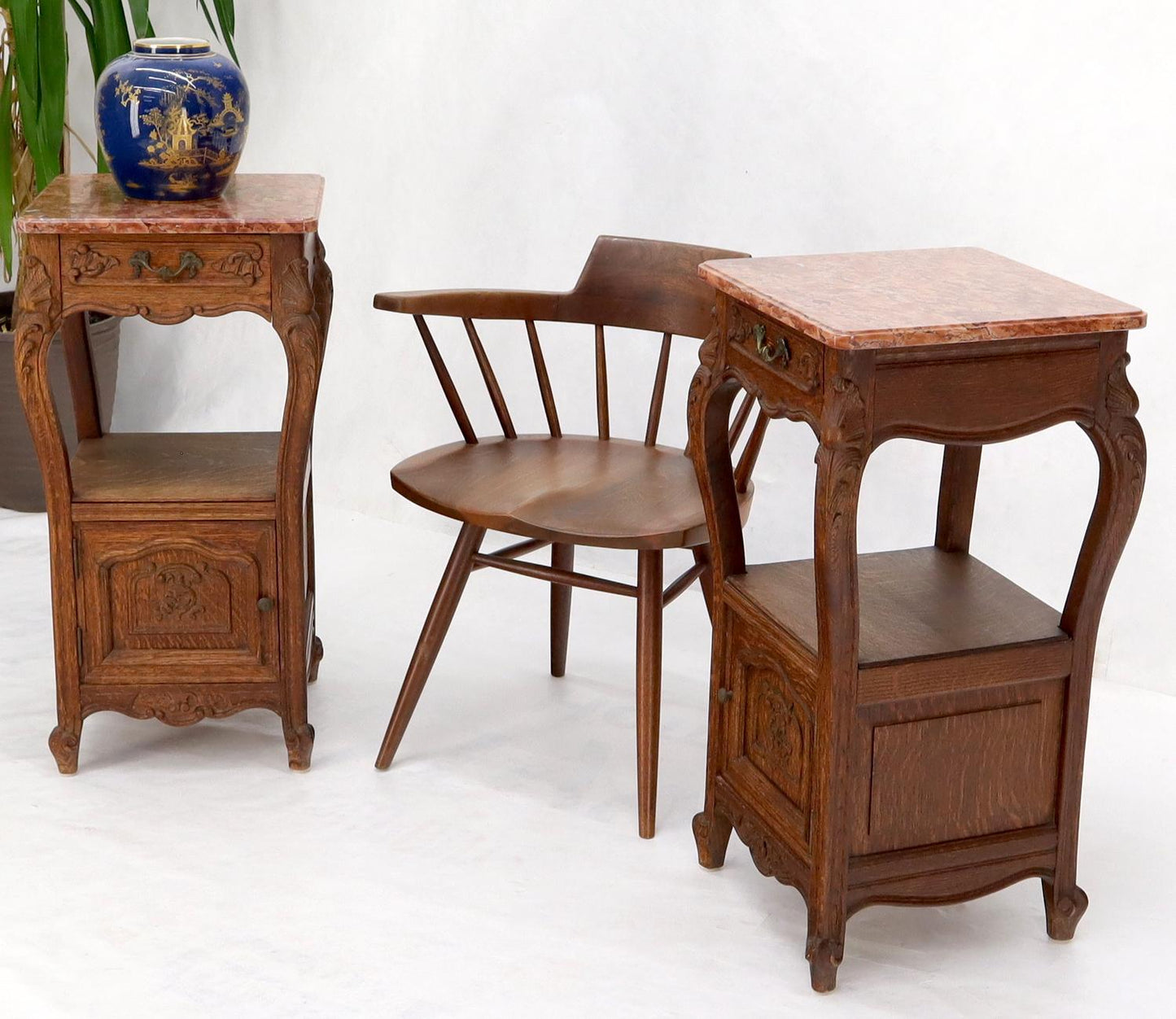 EstablishedLines Pair of carved oak rouge marble tops nightstands end tables