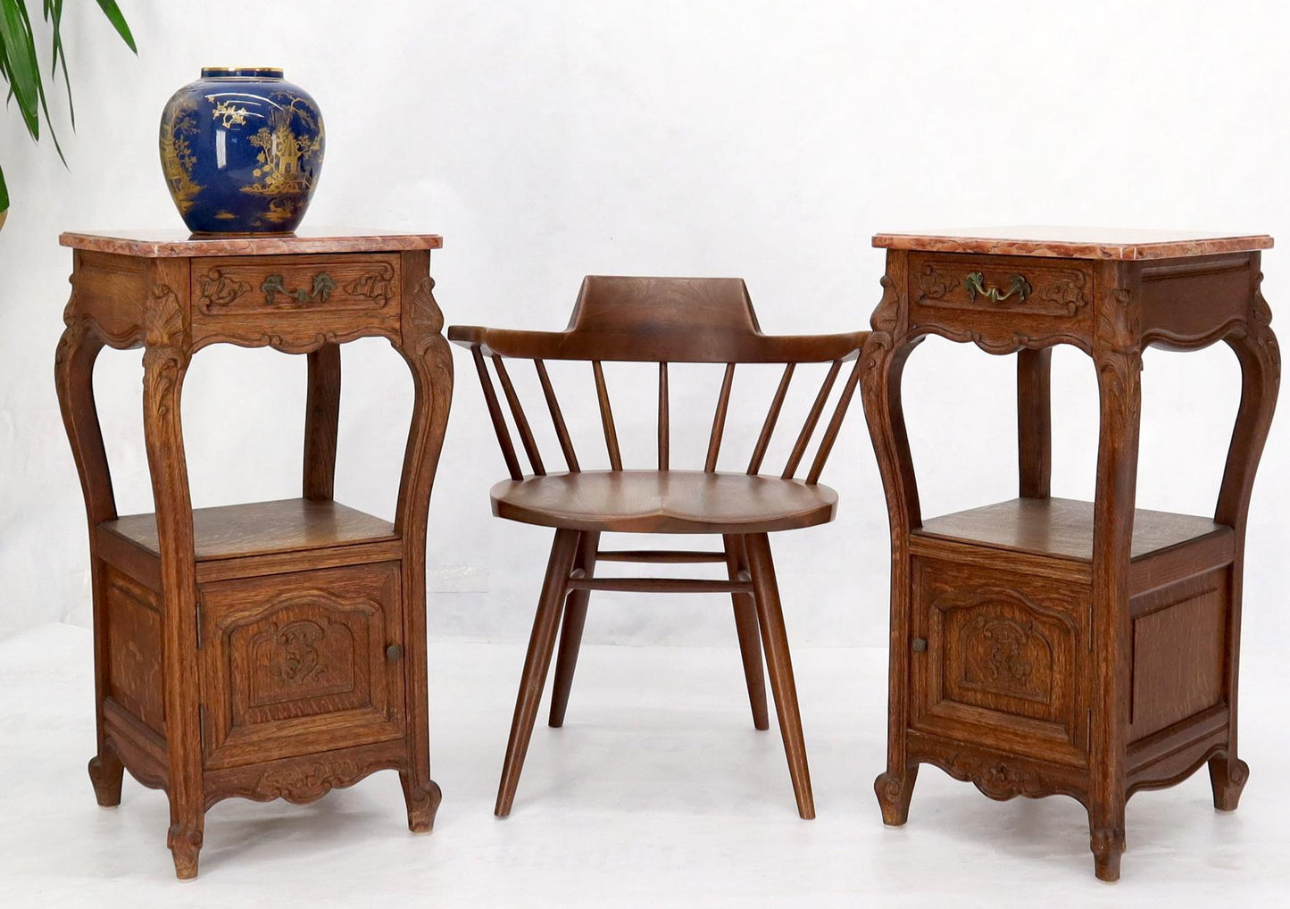 EstablishedLines Pair of carved oak rouge marble tops nightstands end tables