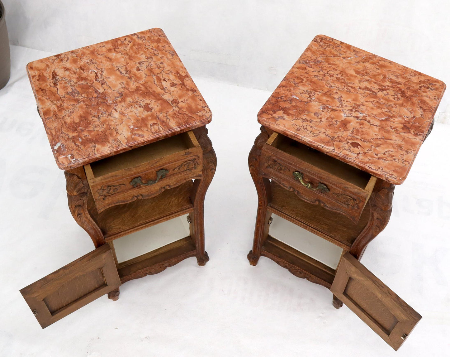 EstablishedLines Pair of carved oak rouge marble tops nightstands end tables