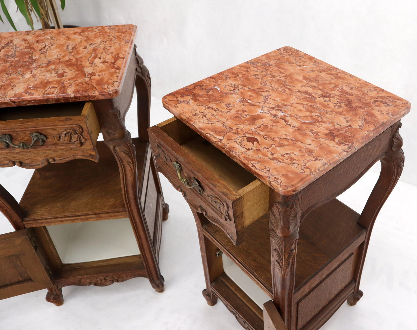 EstablishedLines Pair of carved oak rouge marble tops nightstands end tables