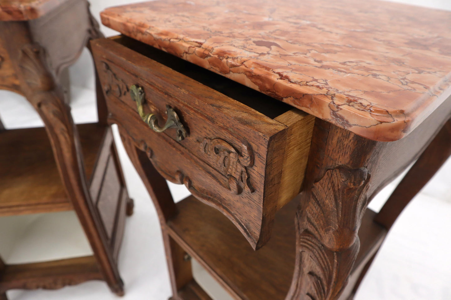 EstablishedLines Pair of carved oak rouge marble tops nightstands end tables